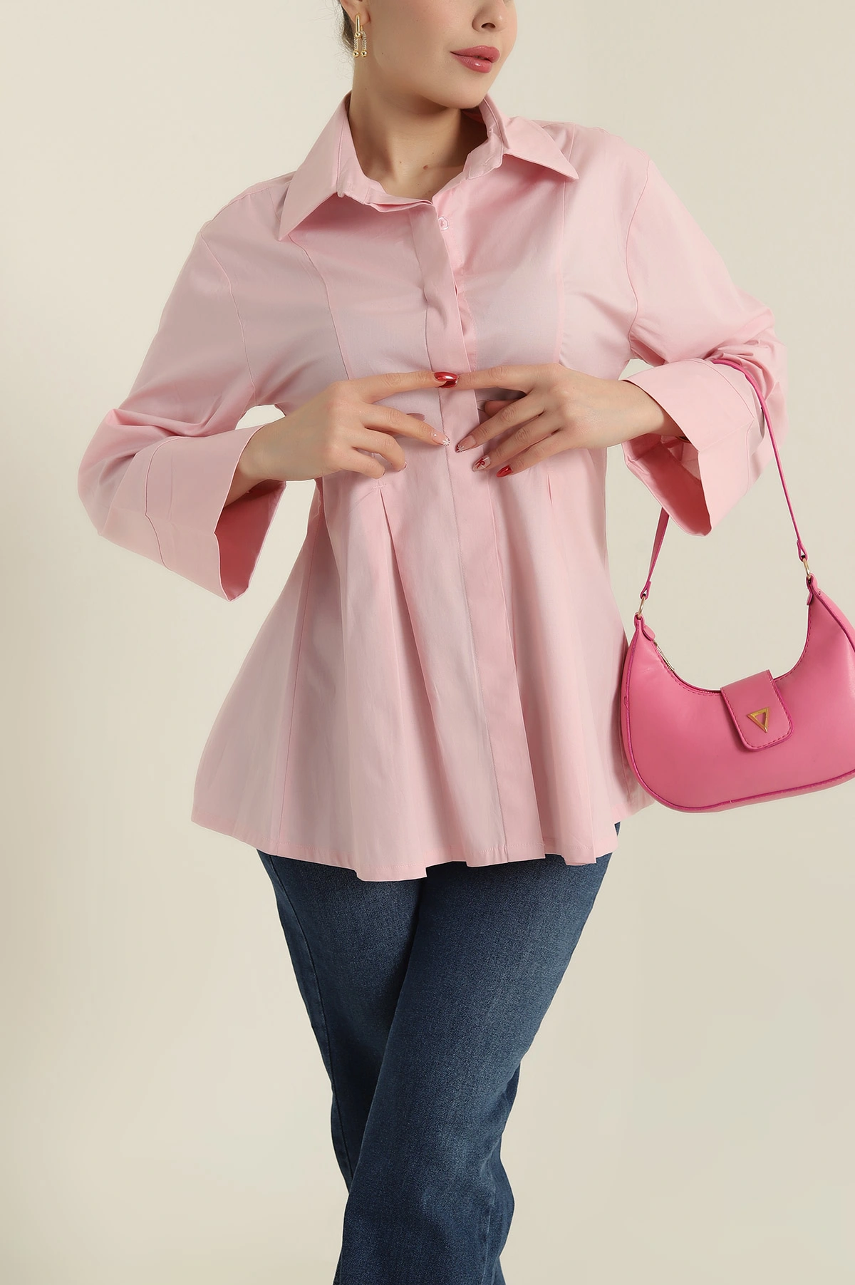 Pembe Pensli Volanlı Poplin Kadın Gömlek 425392