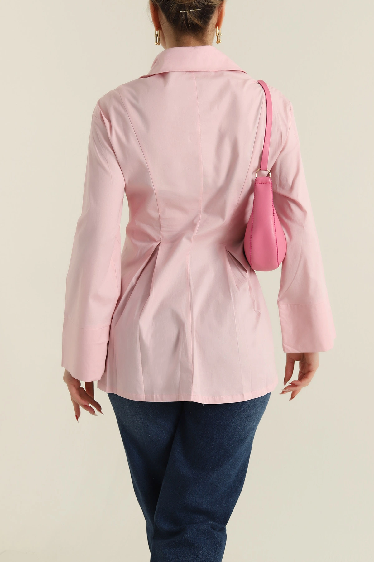 Pembe Pensli Volanlı Poplin Kadın Gömlek 425392