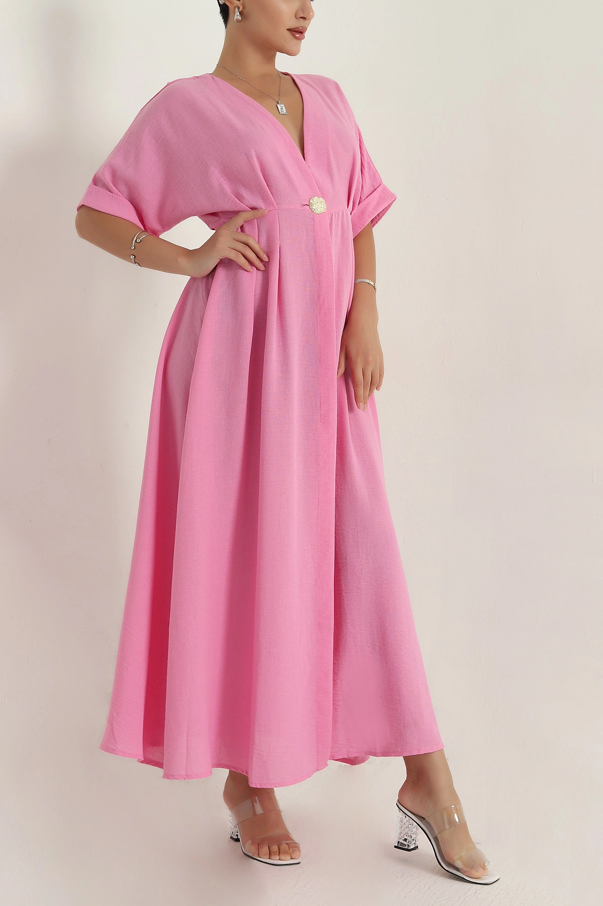 Pembe Pera Keten Kadın Elbise 380272
