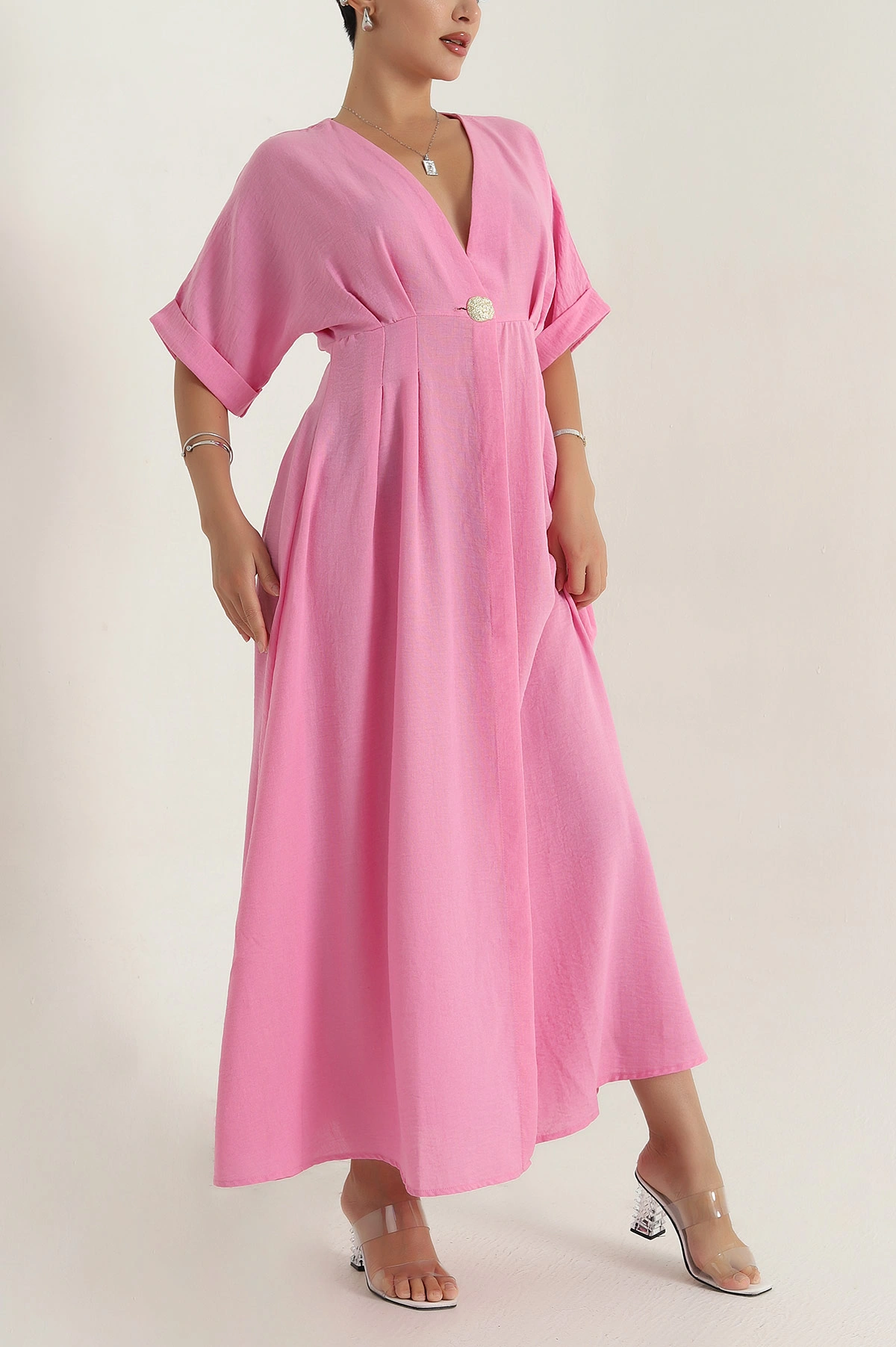 Pembe Pera Keten Kadın Elbise 380272