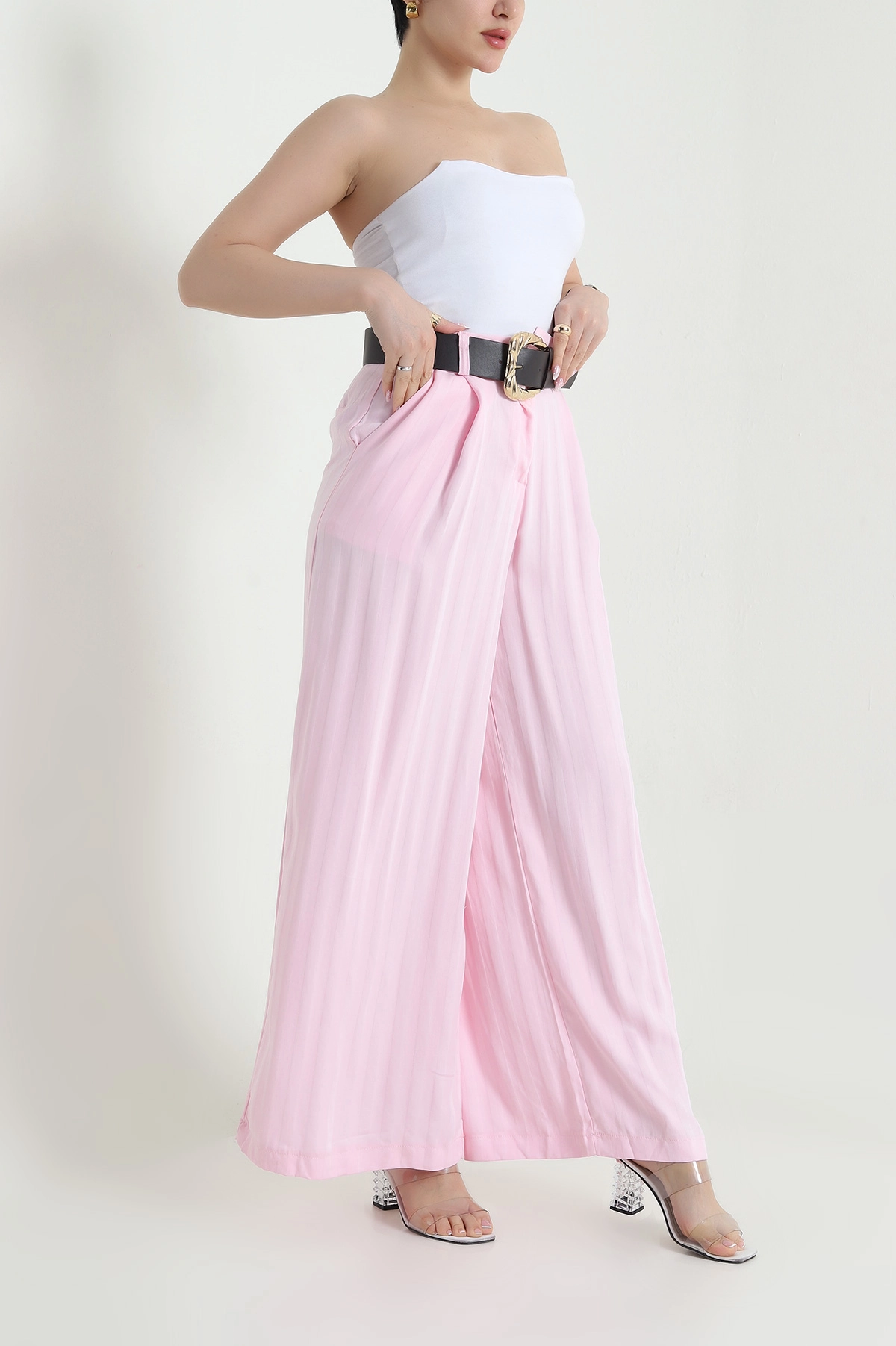 Pembe Pileli Cepli Tencel Cupra Kadın Pantolon 456525