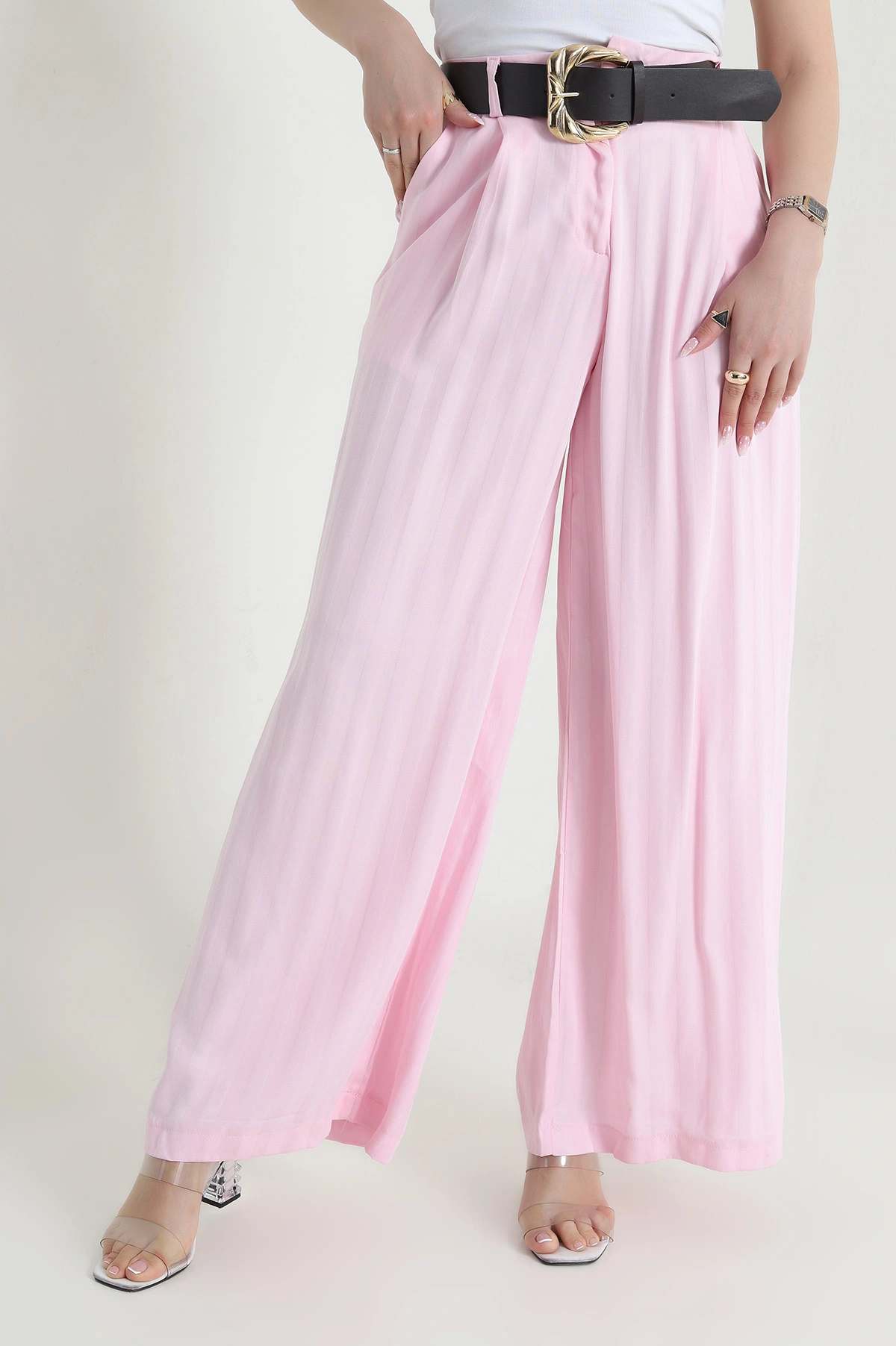 Pembe Pileli Cepli Tencel Cupra Kadın Pantolon 456525