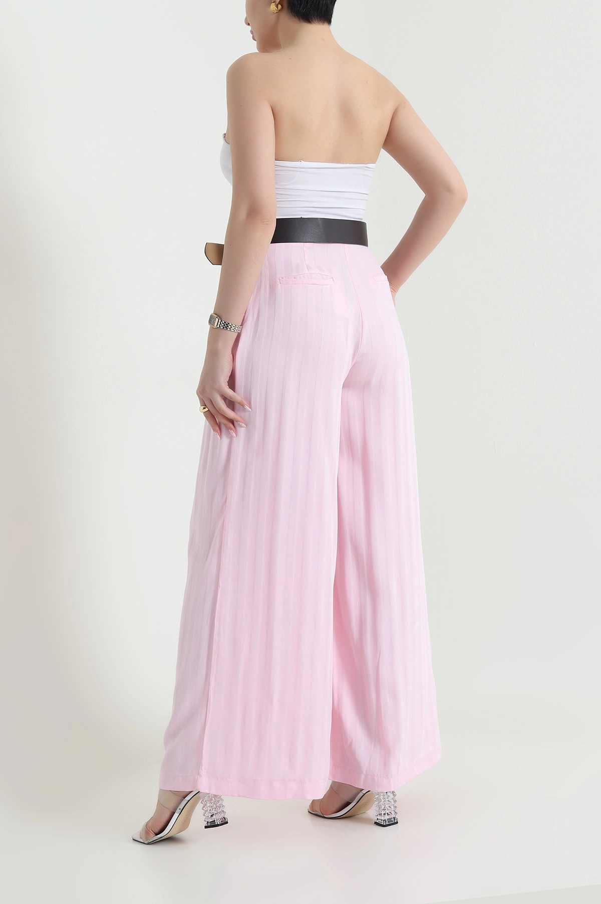 Pembe Pileli Cepli Tencel Cupra Kadın Pantolon 456525