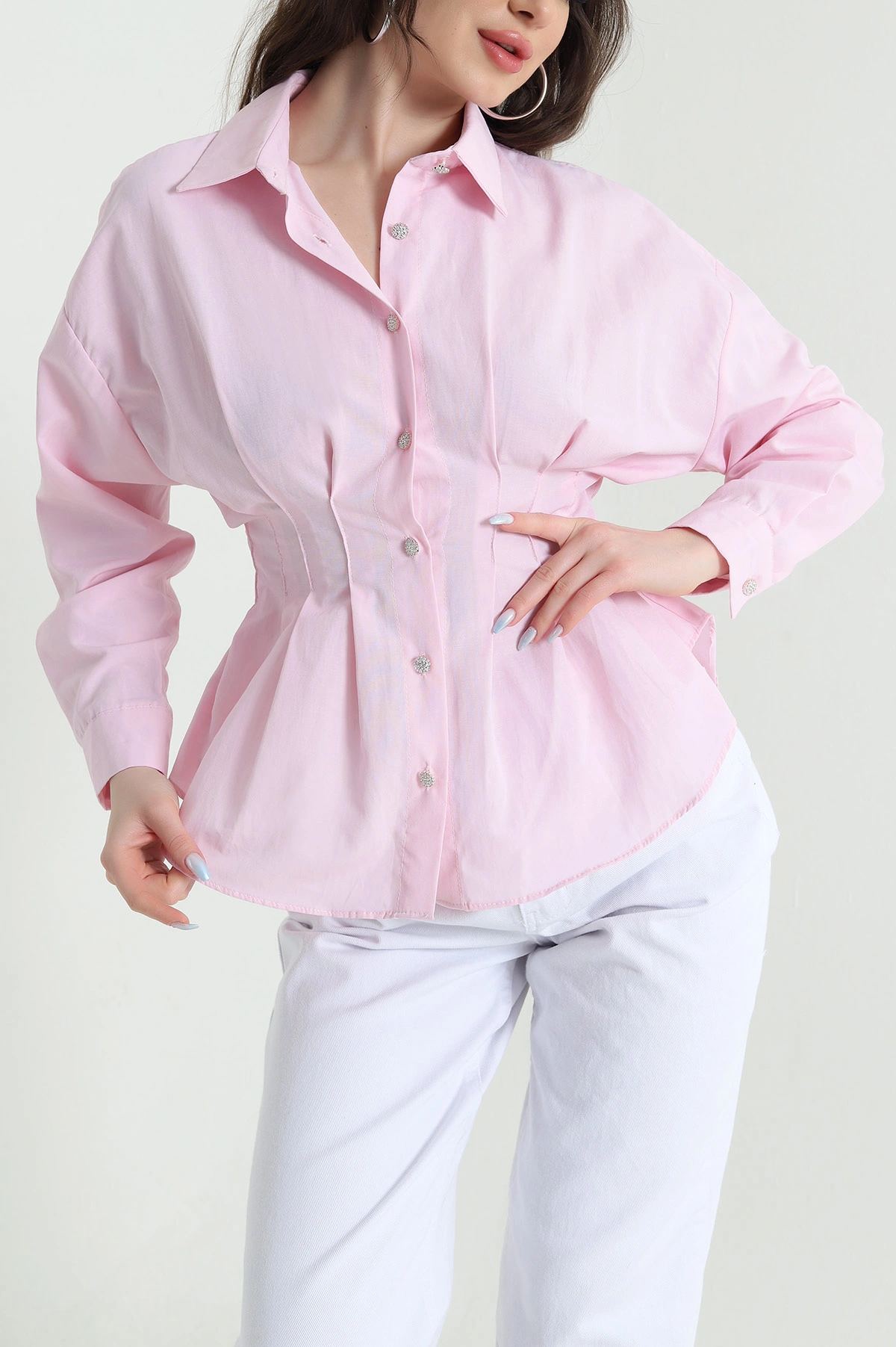 Pembe Pileli Poplin Kadın Gömlek 447510