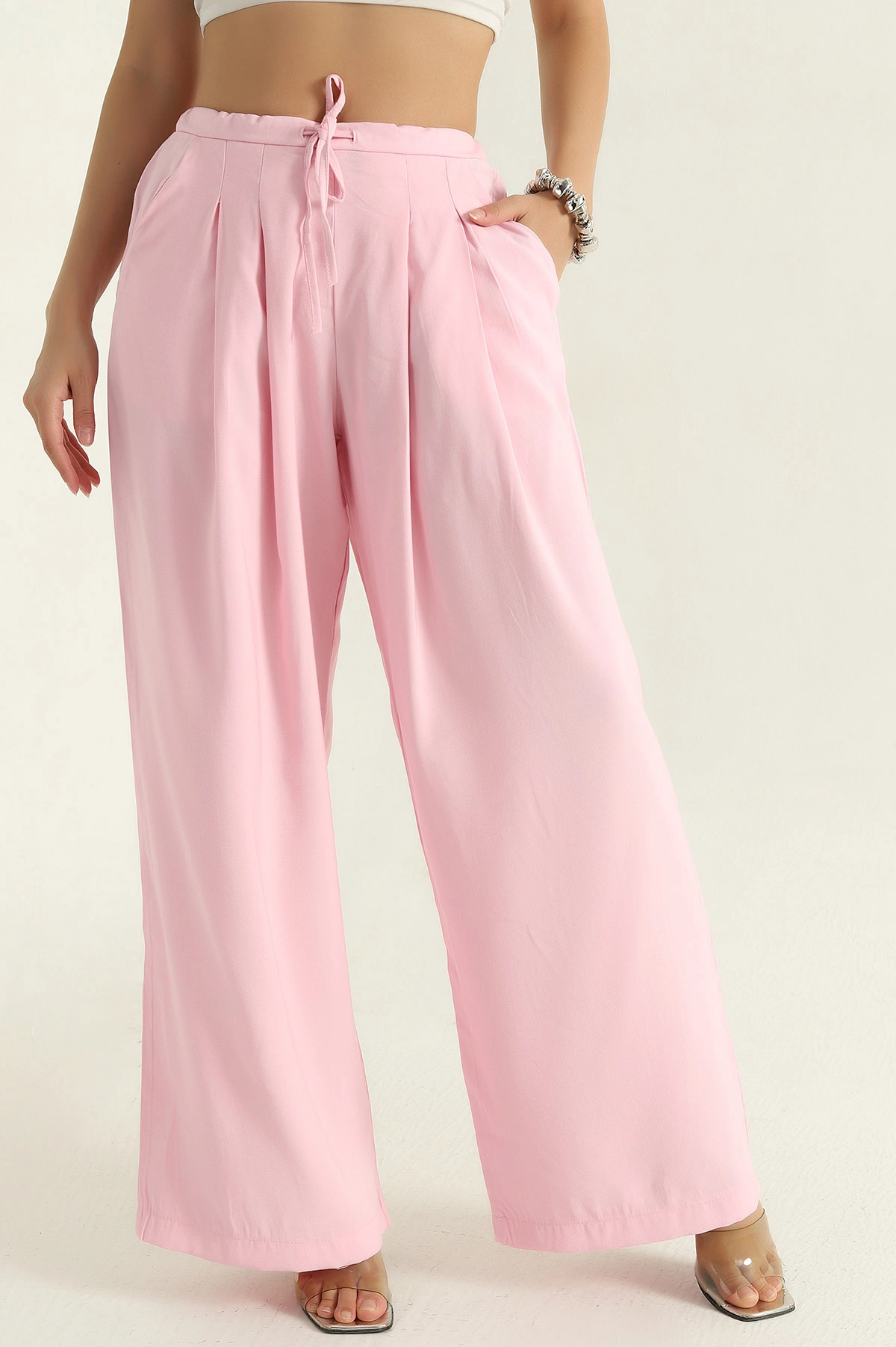 Pembe Pileli Tencel Bol Paça Kadın Pantolon 369813