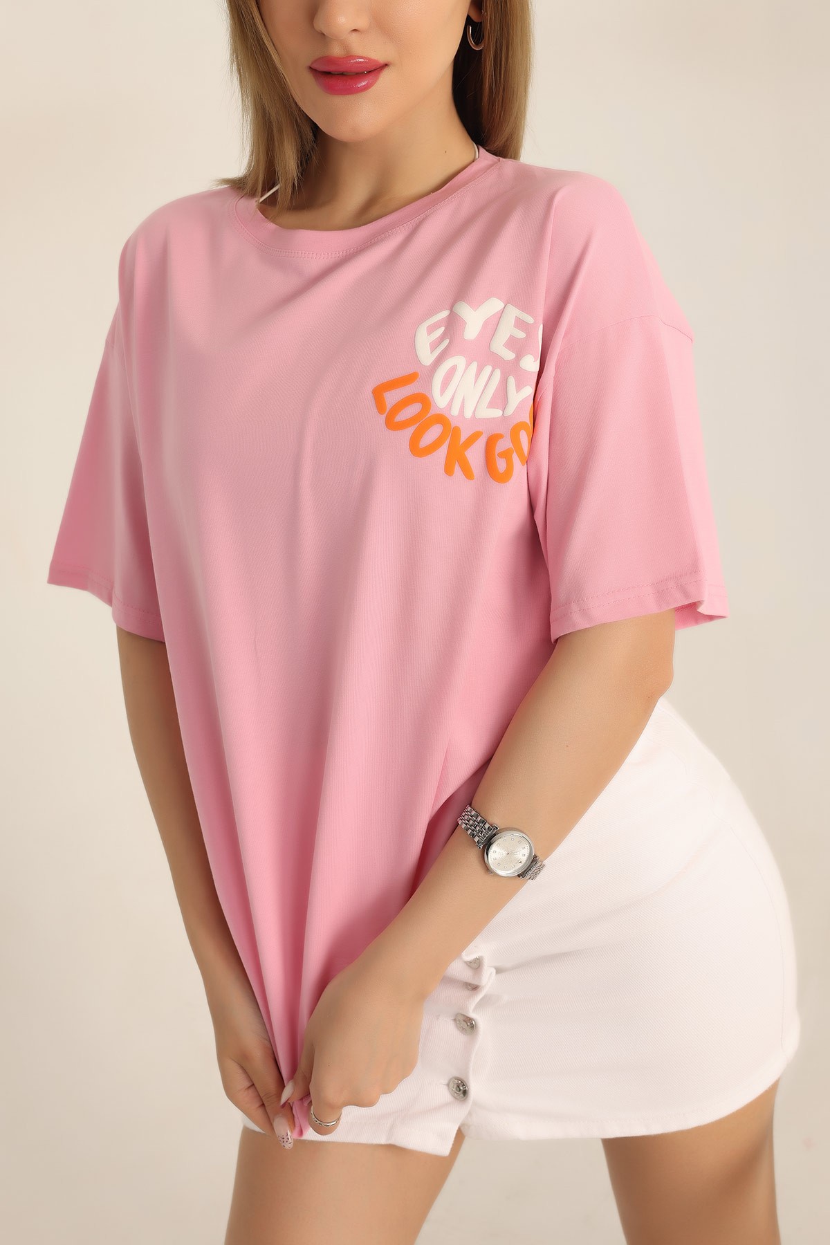 Pembe Plastik Baskılı Bayan Tişört 182775