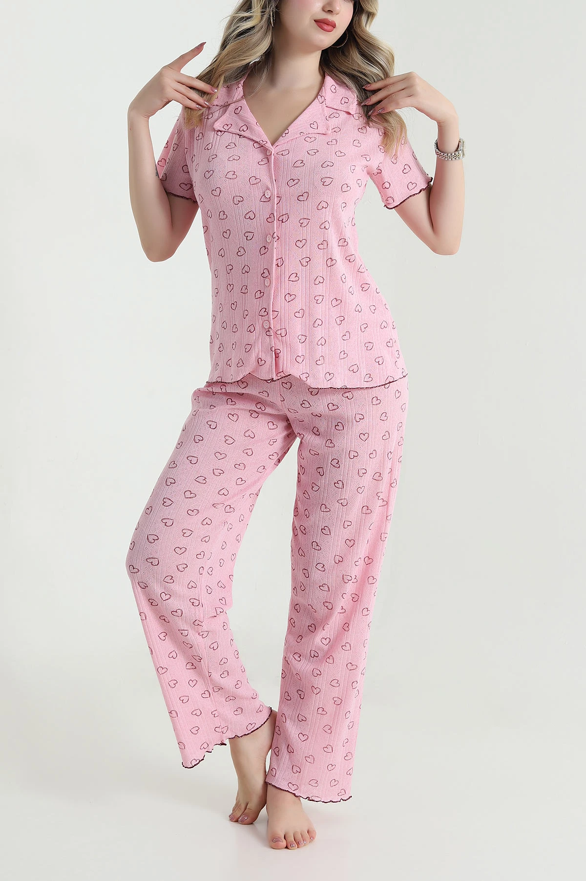 Pembe Pointel Düğmeli Kadın Pijama Takımı 478567
