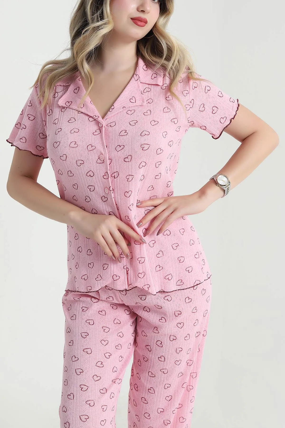 Pembe Pointel Düğmeli Kadın Pijama Takımı 478567