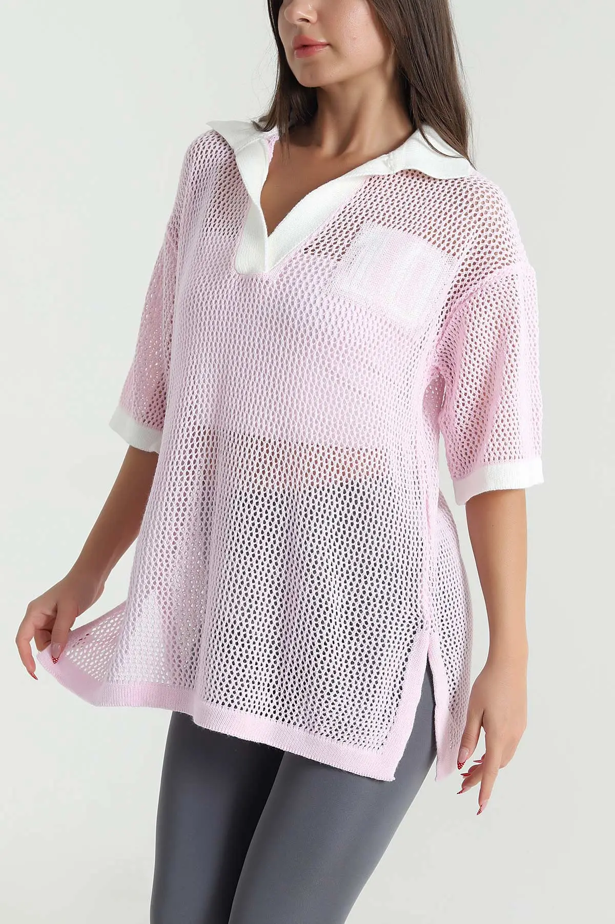 Pembe Polo Yaka Ajurlu Triko 477713