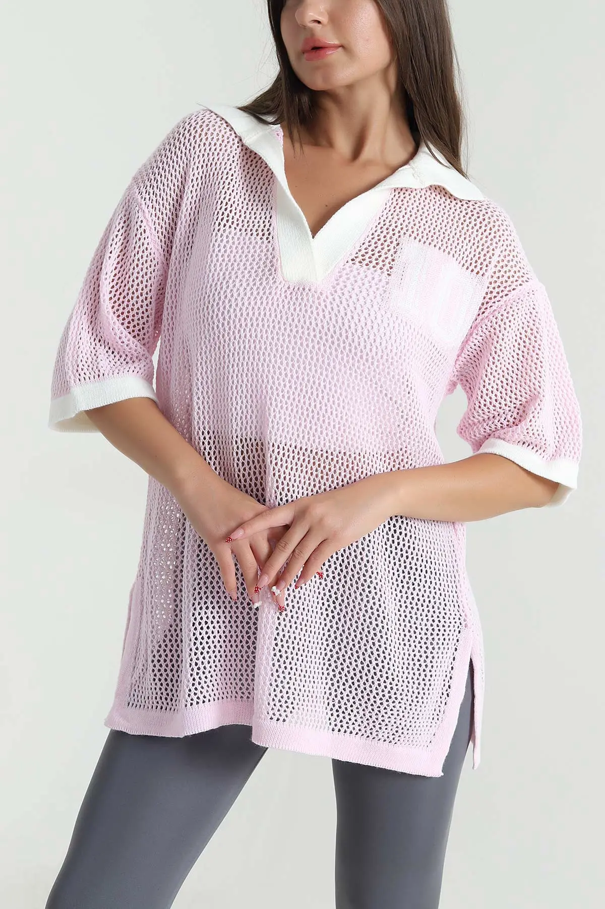 Pembe Polo Yaka Ajurlu Triko 477713