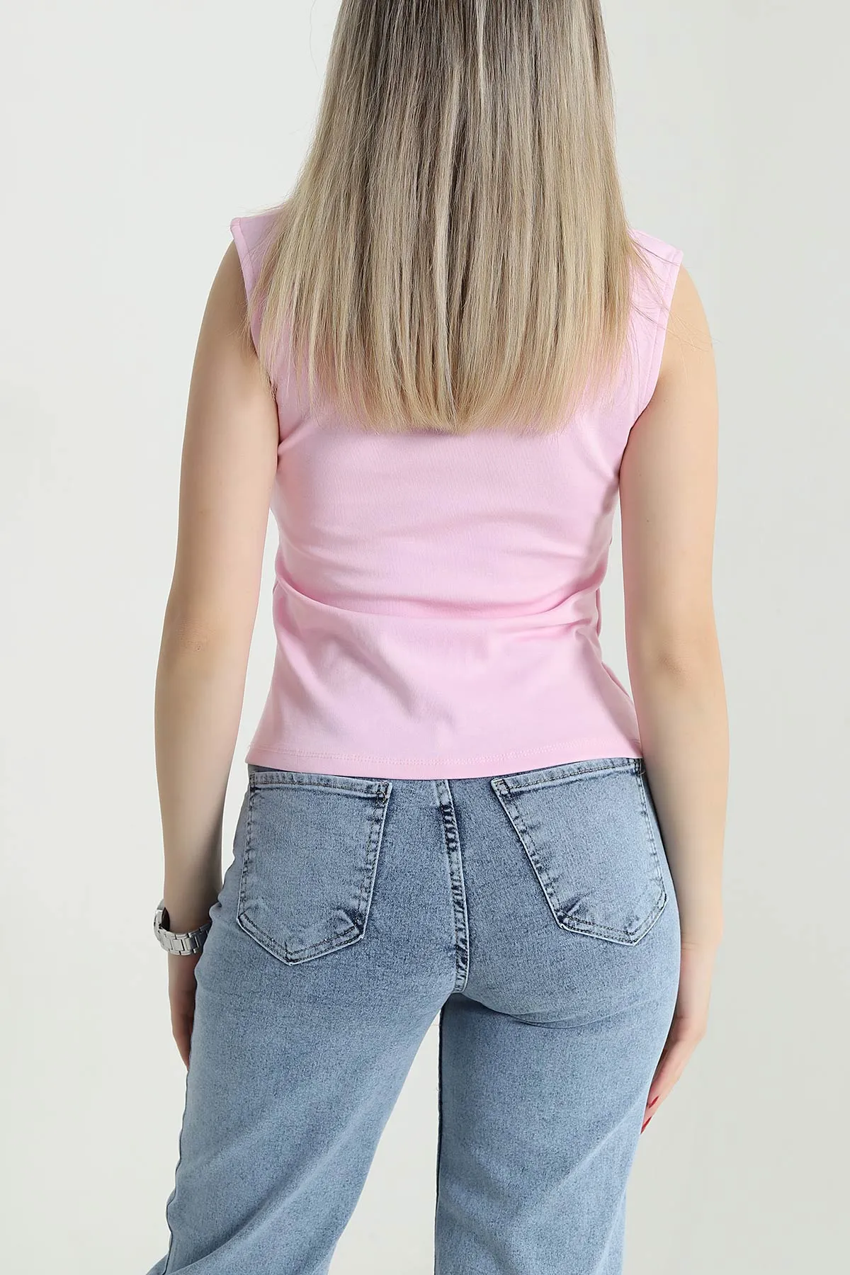 Pembe Polo Yaka Fermuarlı Kadın Body Bluz 467085