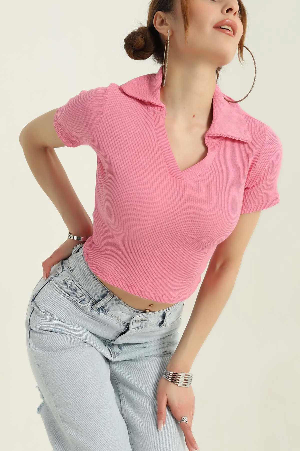 Pembe Polo Yaka Fitilli Bluz 357928