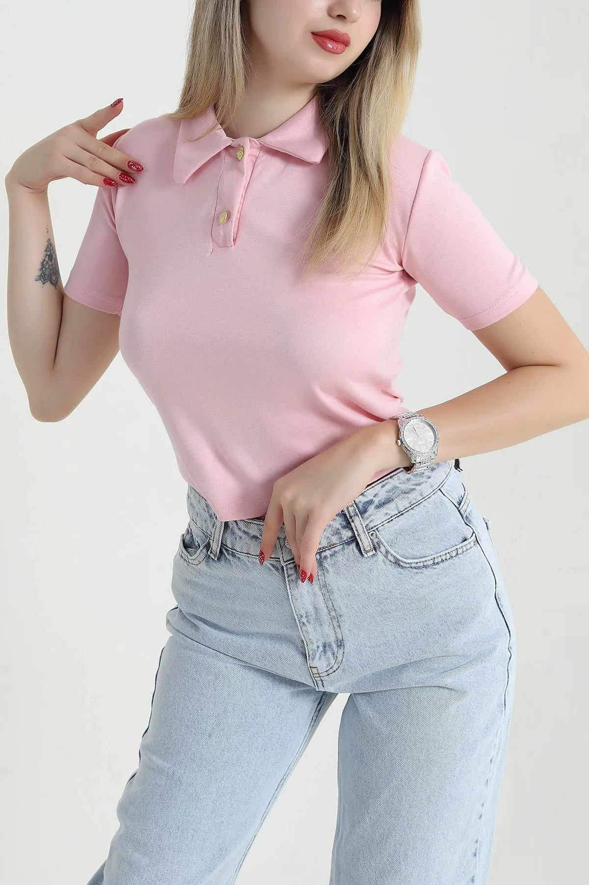 Pembe Polo Yaka Oysho Kadın Bluz 471459