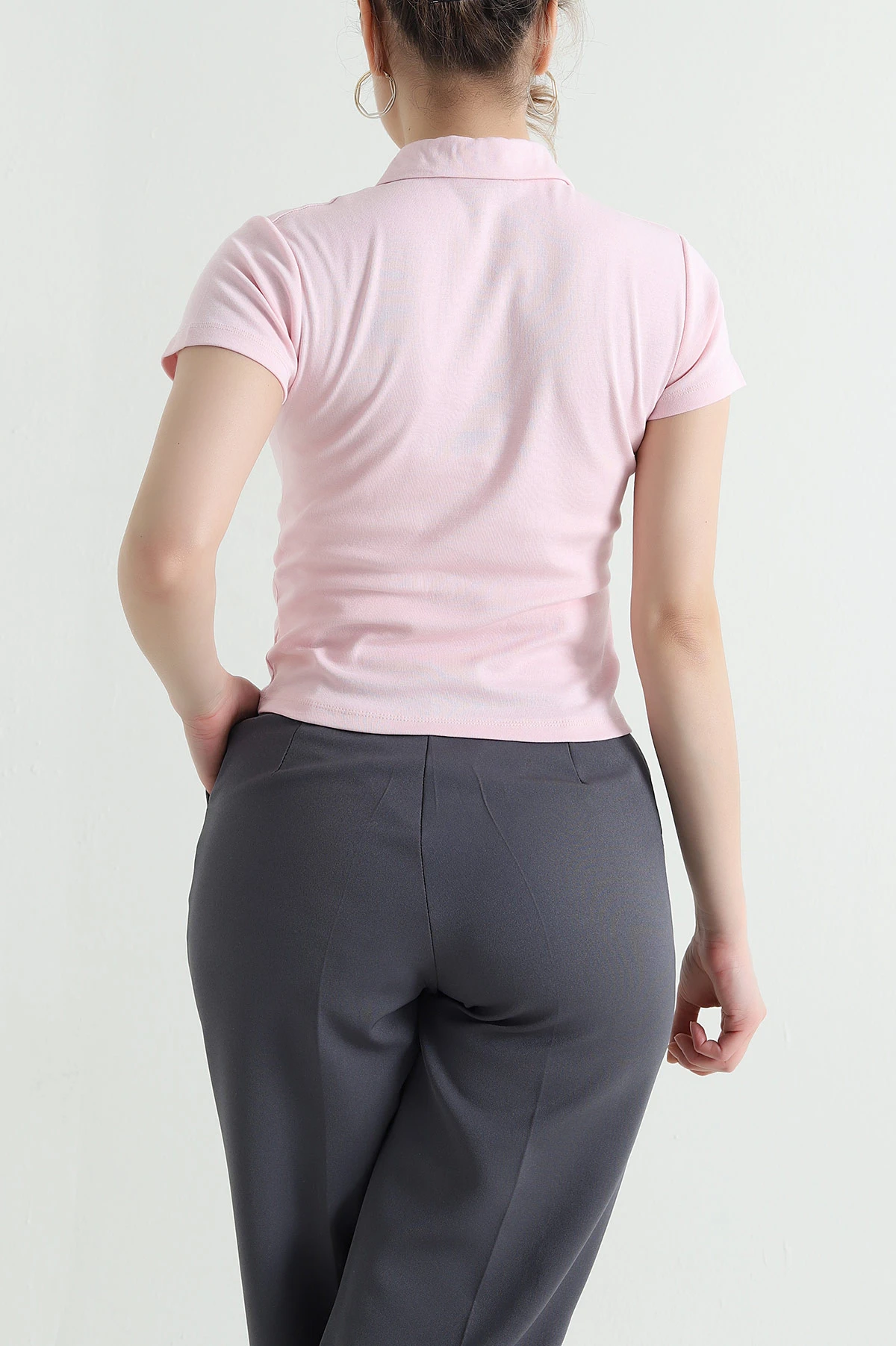 Pembe Polo Yaka Ribana Kadın Bluz 446622
