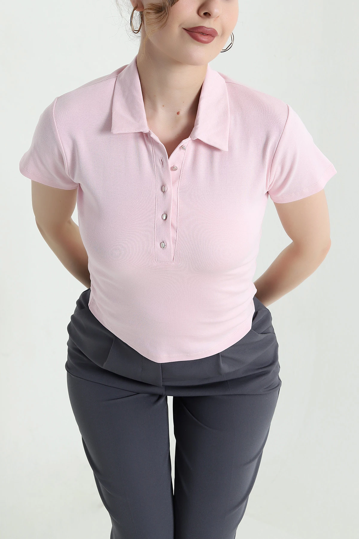 Pembe Polo Yaka Ribana Kadın Bluz 446622