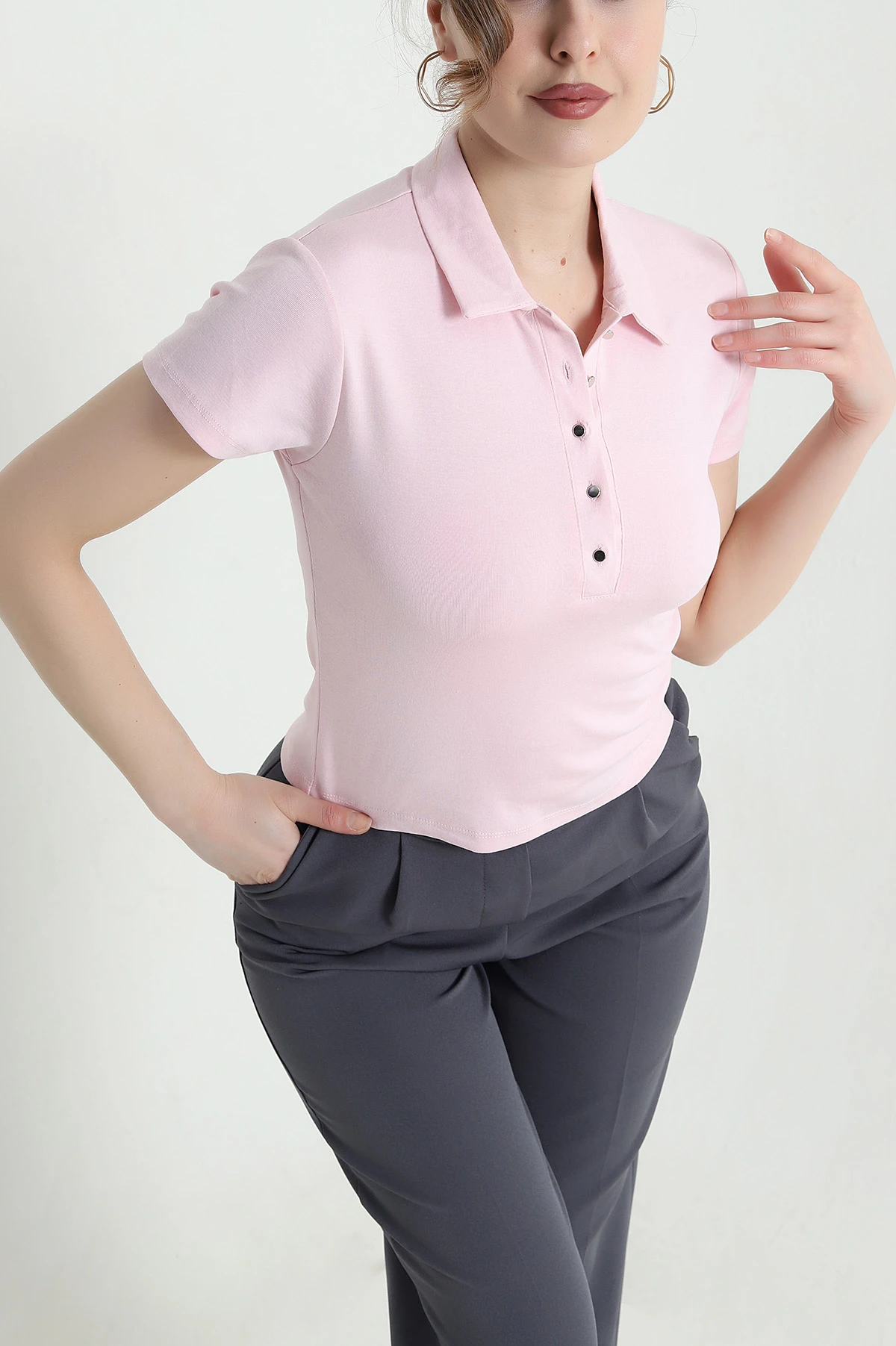Pembe Polo Yaka Ribana Kadın Bluz 446622