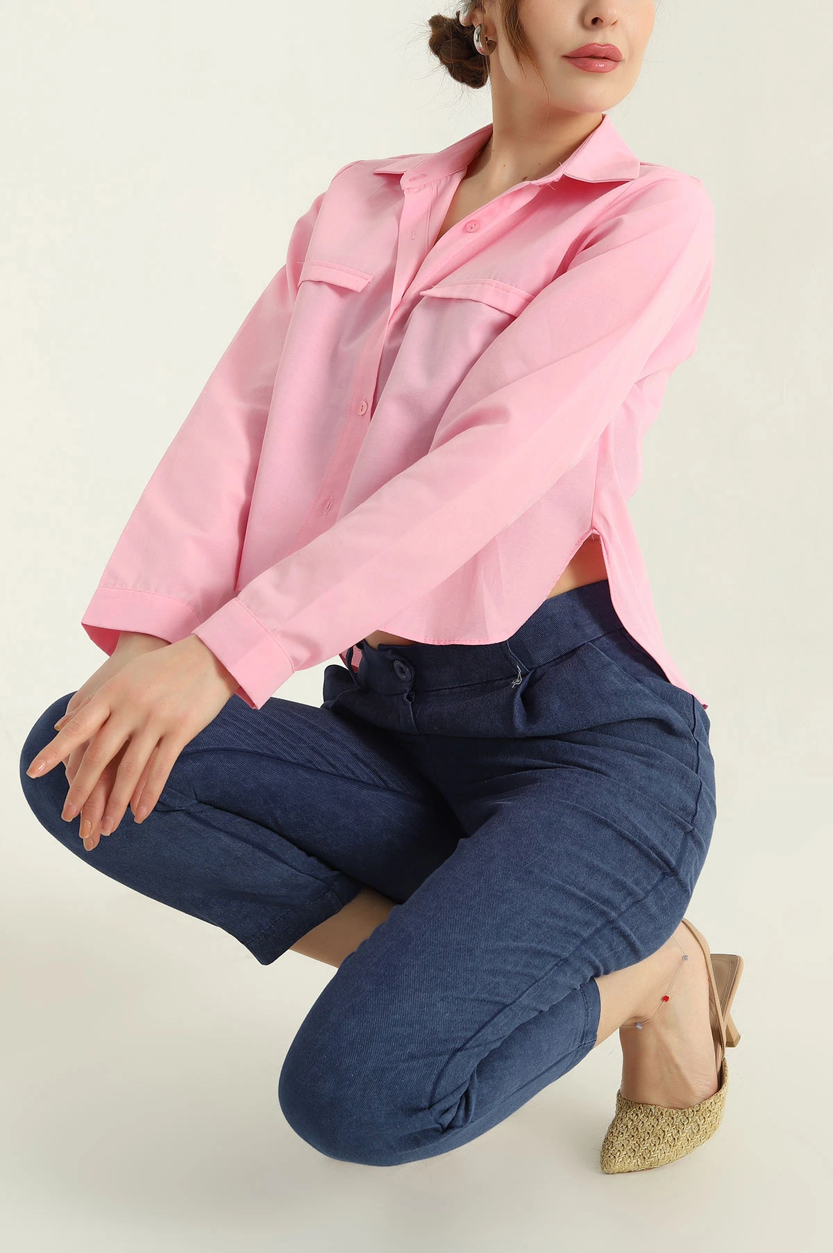 Pembe Poplin Bayan Crop Gömlek 336964