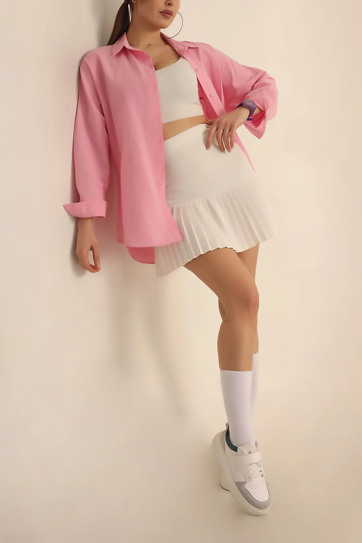Pembe Poplin Dokuma Bayan Gömlek 234852