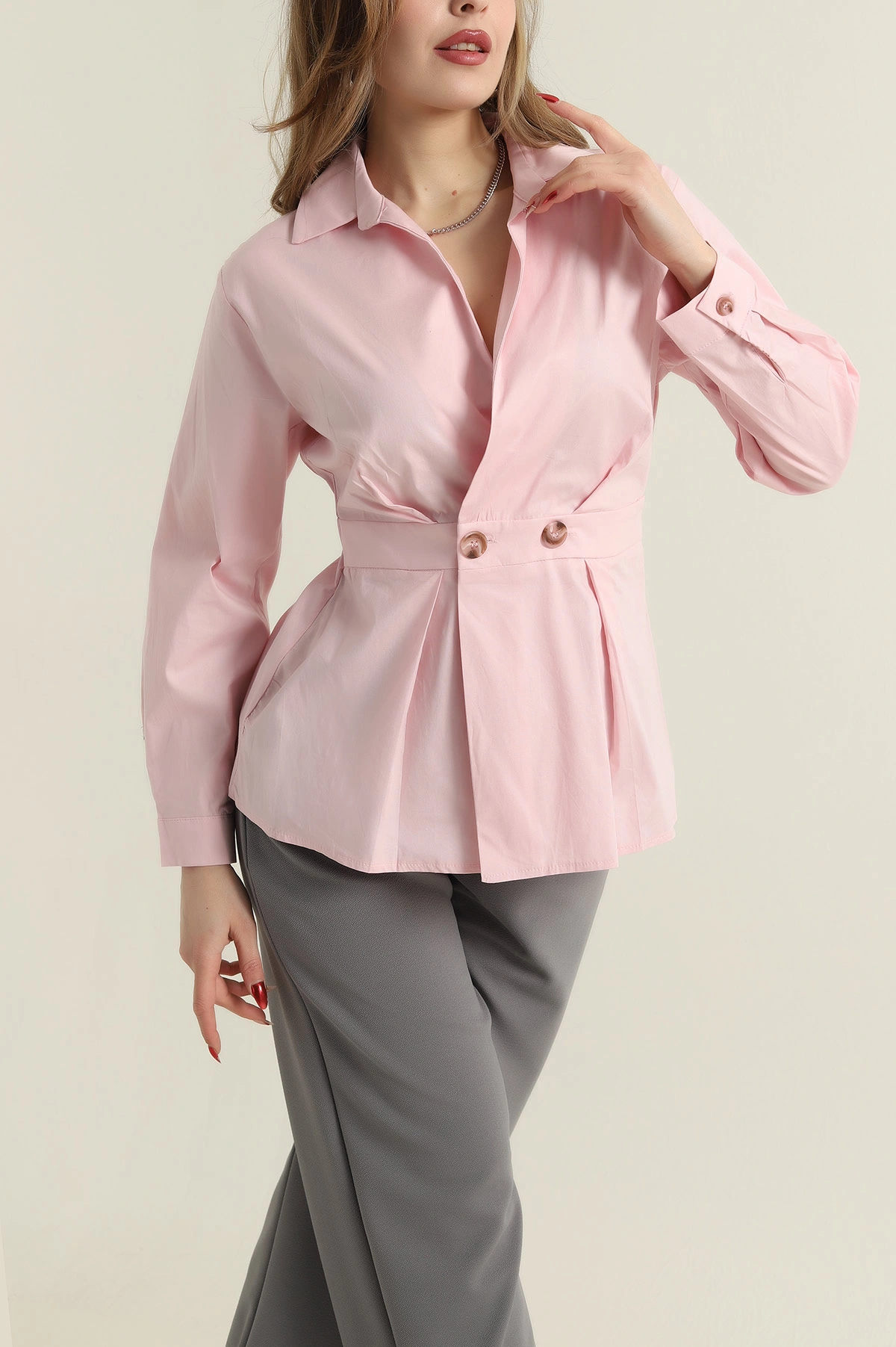 Pembe Poplin Dokuma Kadın Gömlek Bluz 425484