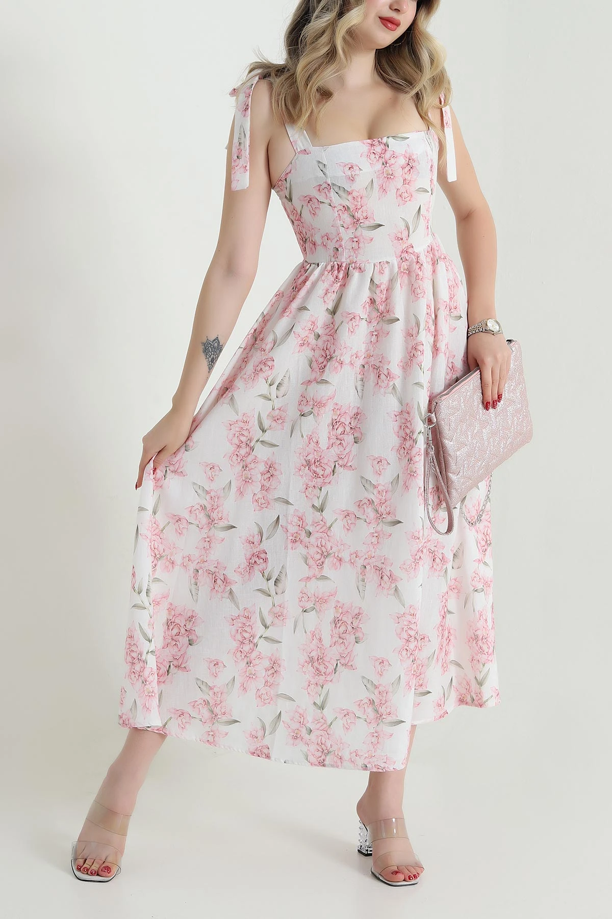 Pembe Poplin Empirme Desenli Kadın Elbise 472837