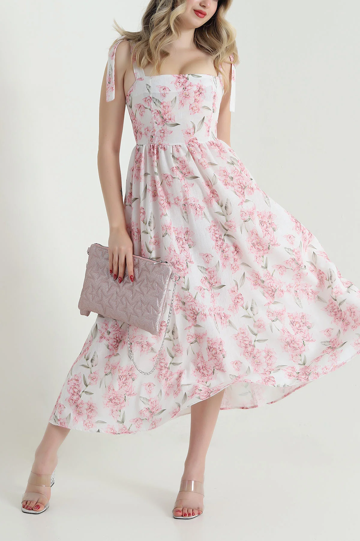 Pembe Poplin Empirme Desenli Kadın Elbise 472837