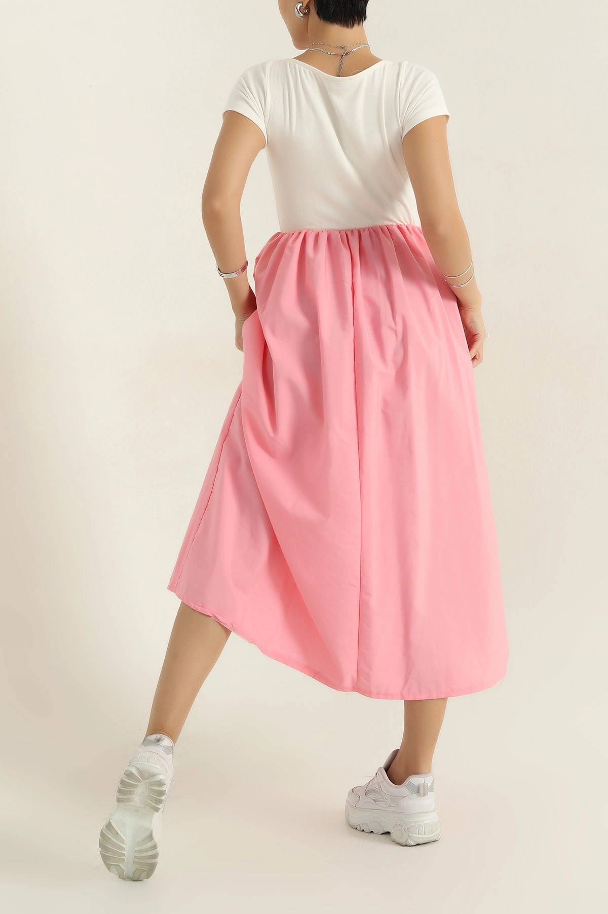 Pembe Poplin Garnilli Kadın Elbise 373071