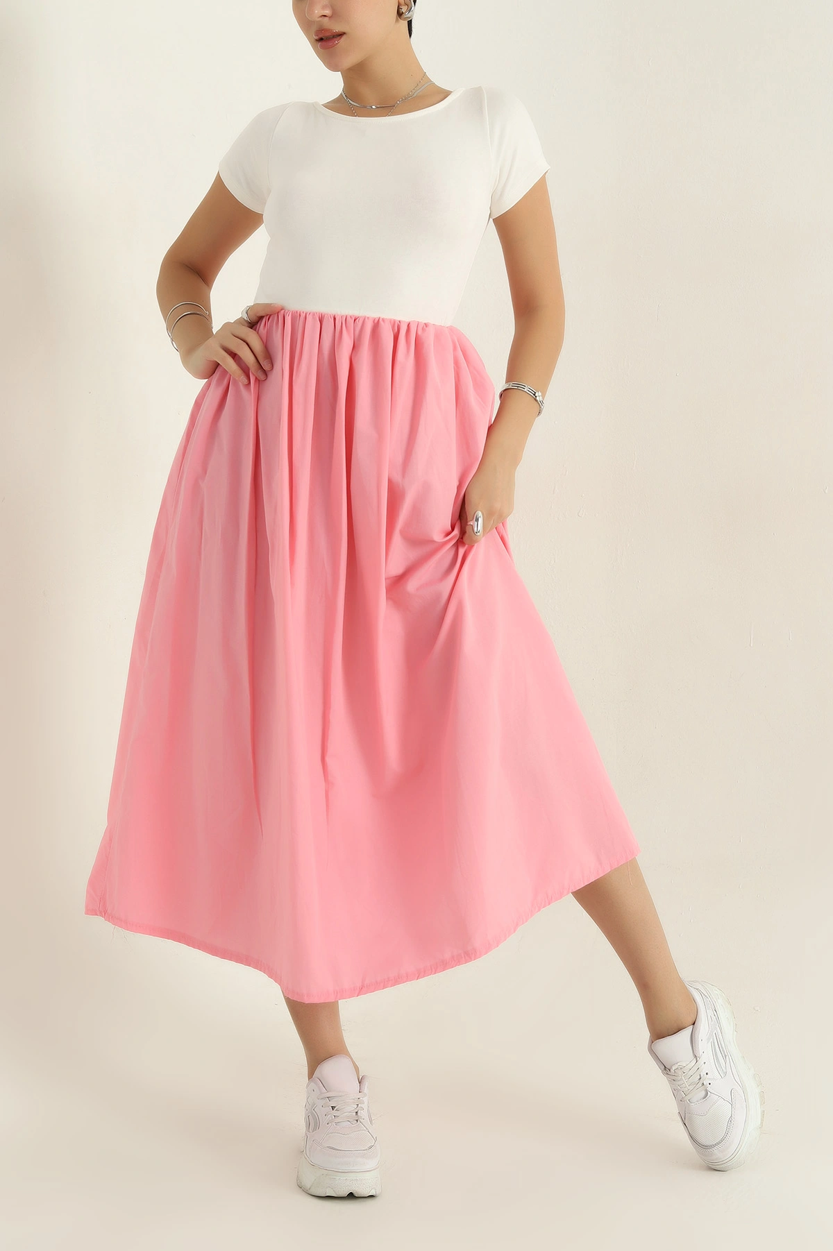 Pembe Poplin Garnilli Kadın Elbise 373071