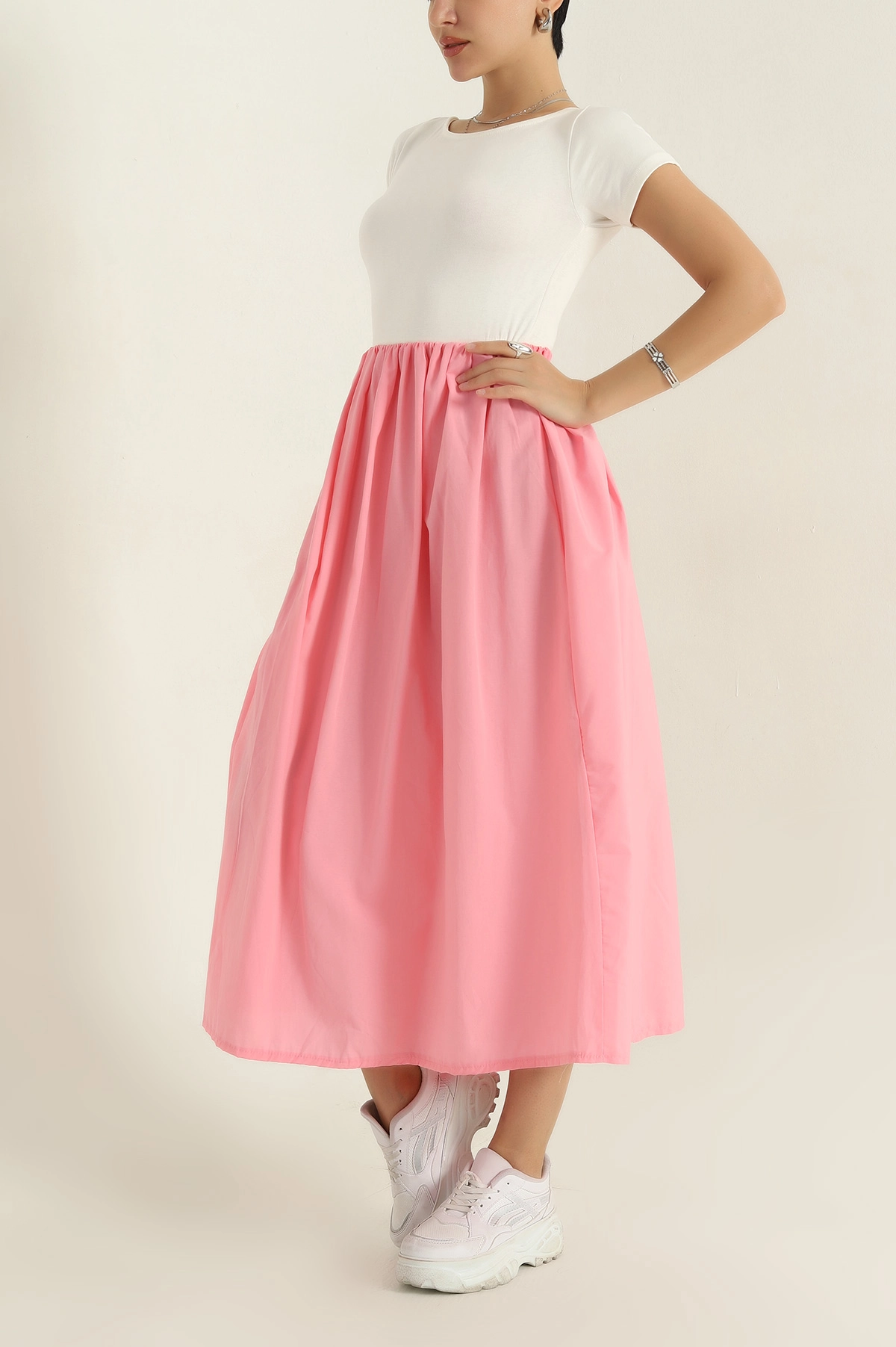 Pembe Poplin Garnilli Kadın Elbise 373071