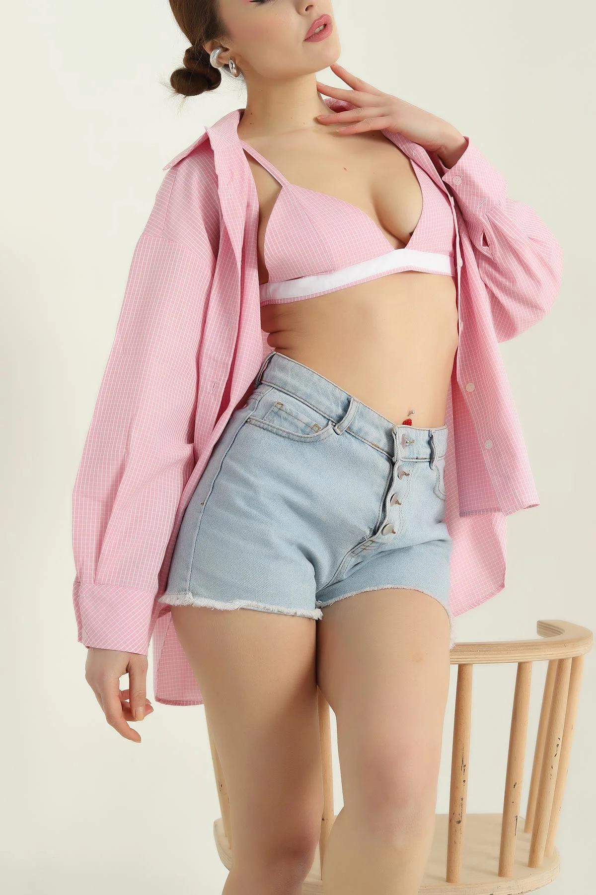 Pembe Poplin Gömlek Büstiyer Bayan İkili Takım 337014