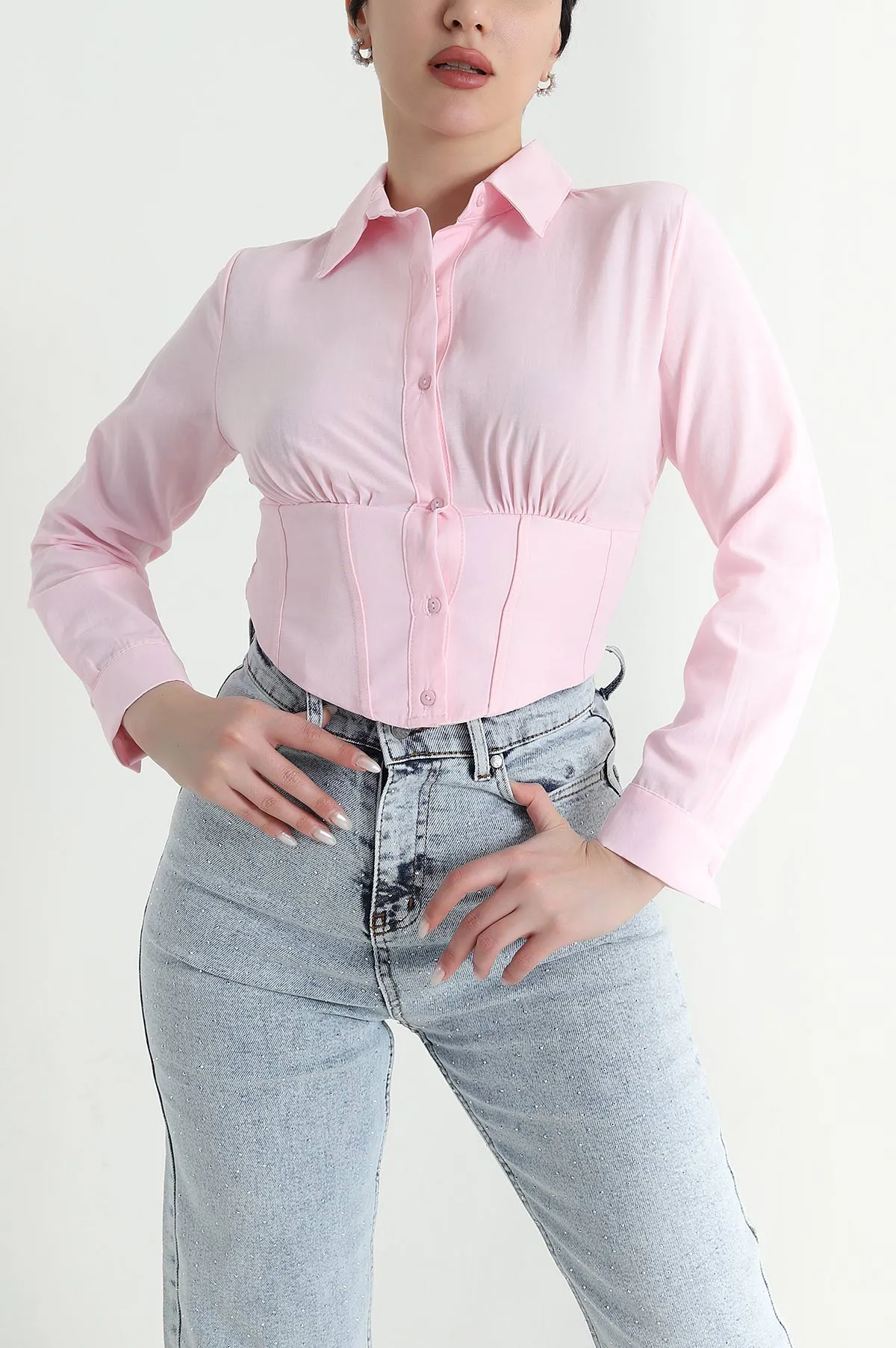 Pembe Poplin Kadın Korse Gömlek 452141
