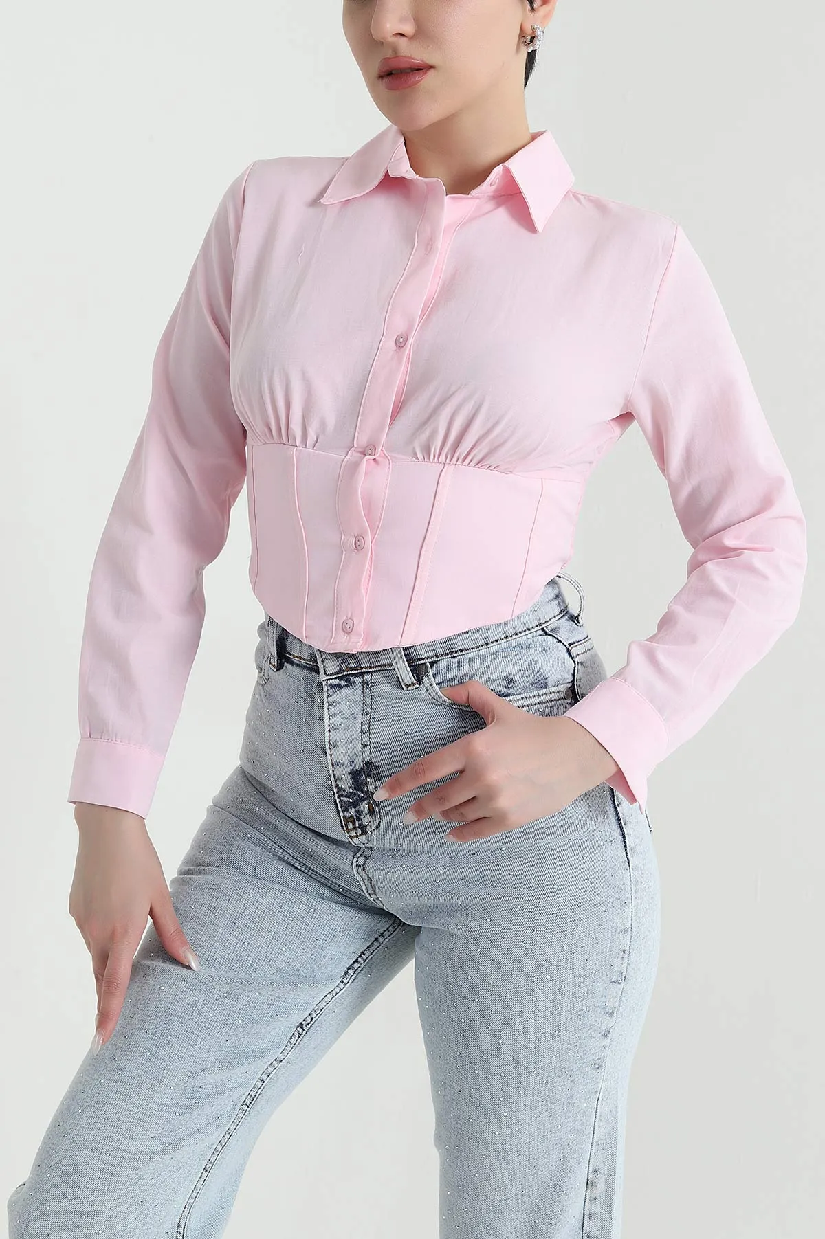 Pembe Poplin Kadın Korse Gömlek 452141