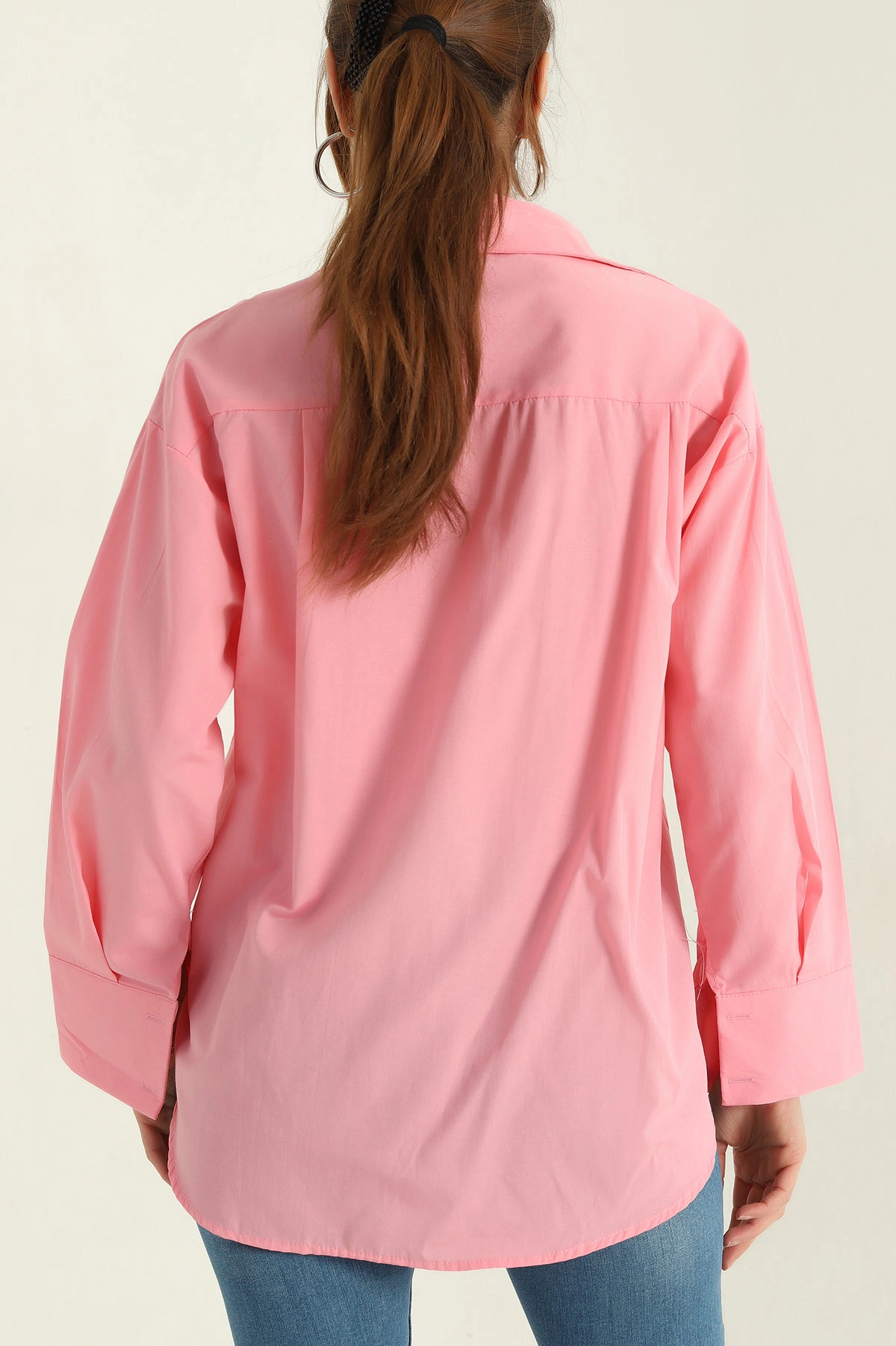 Pembe Poplin Kumaş Gizli Pat Kadın Gömlek 367250