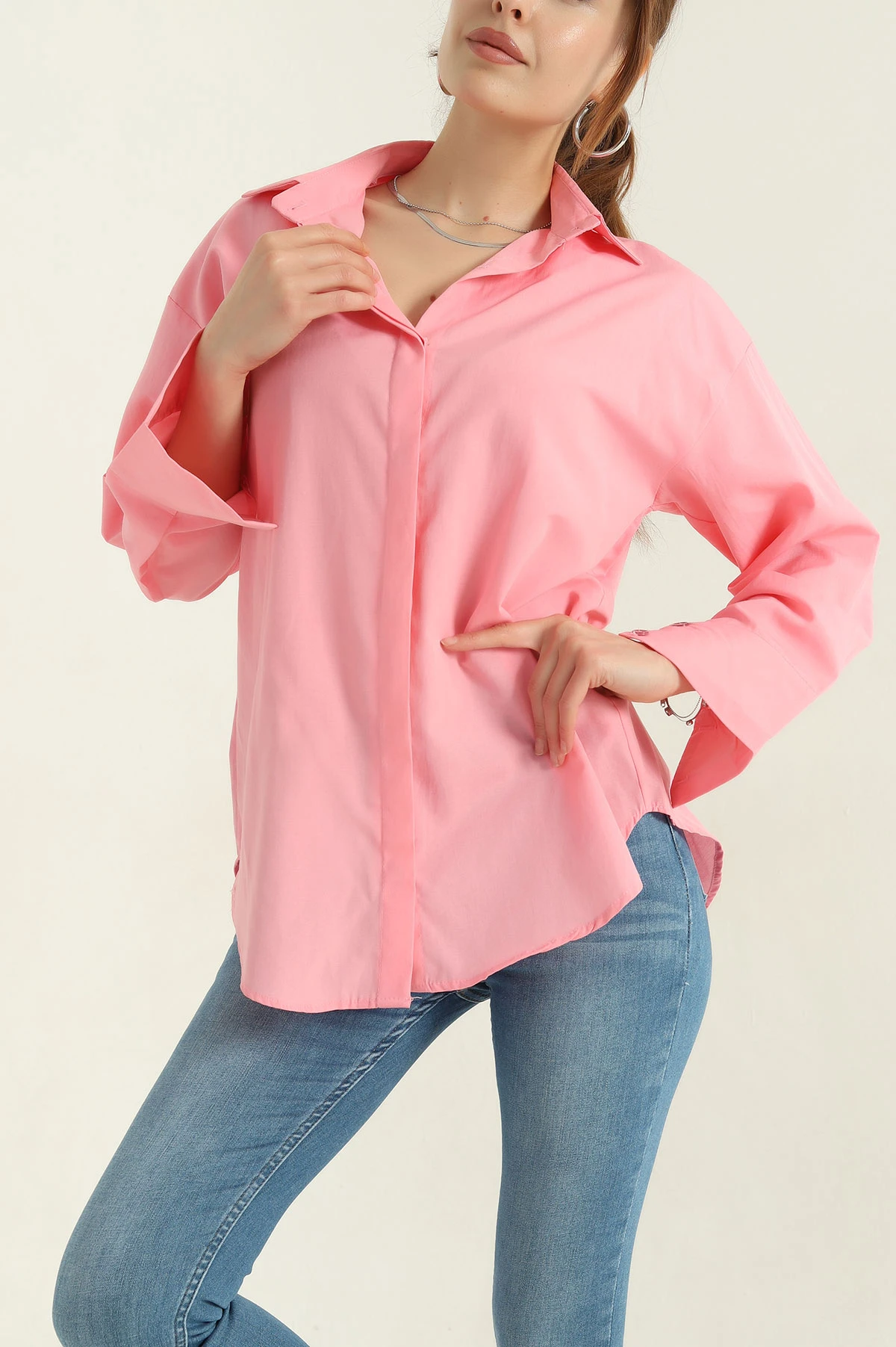 Pembe Poplin Kumaş Gizli Pat Kadın Gömlek 367250