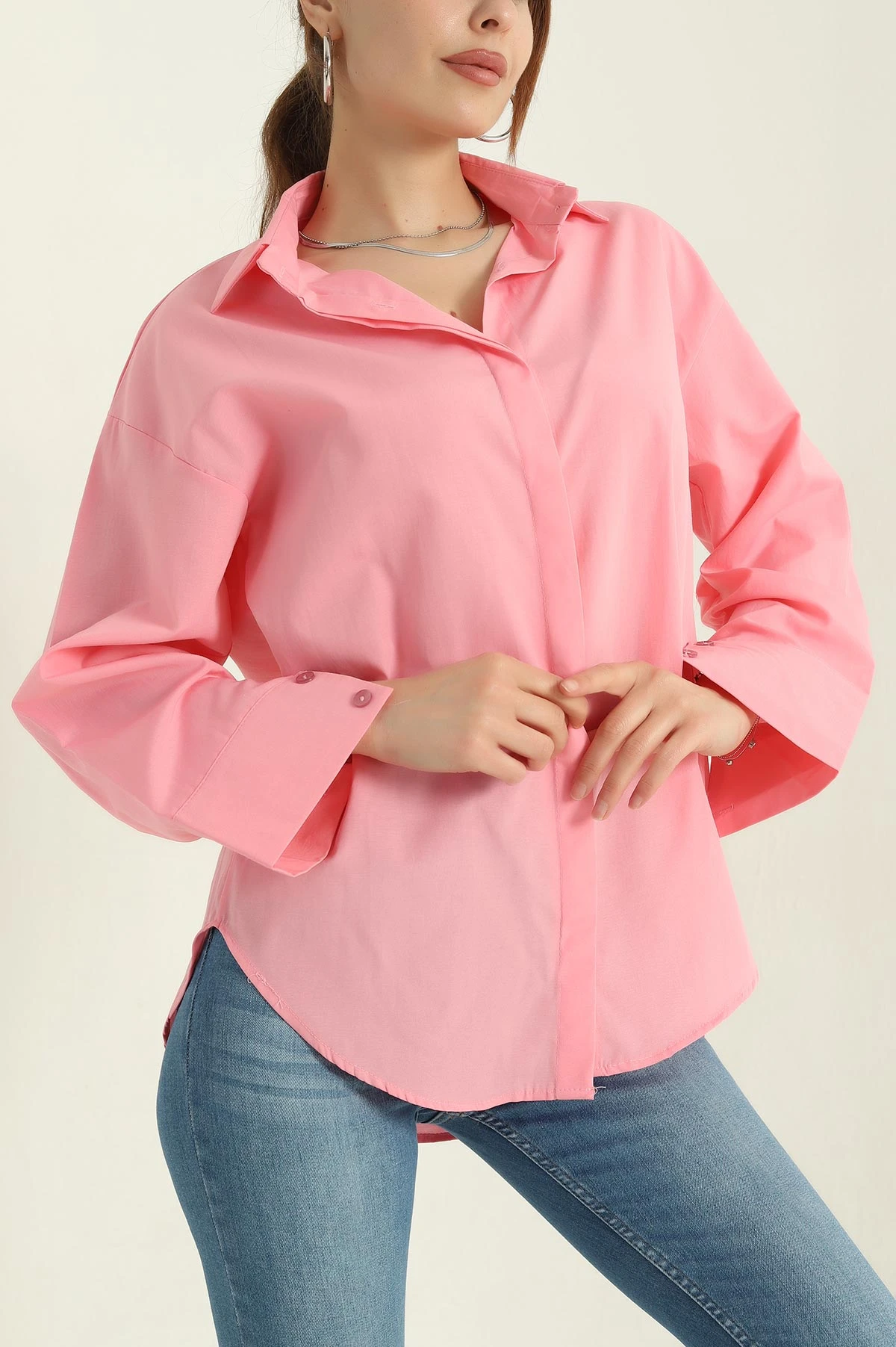 Pembe Poplin Kumaş Gizli Pat Kadın Gömlek 367250