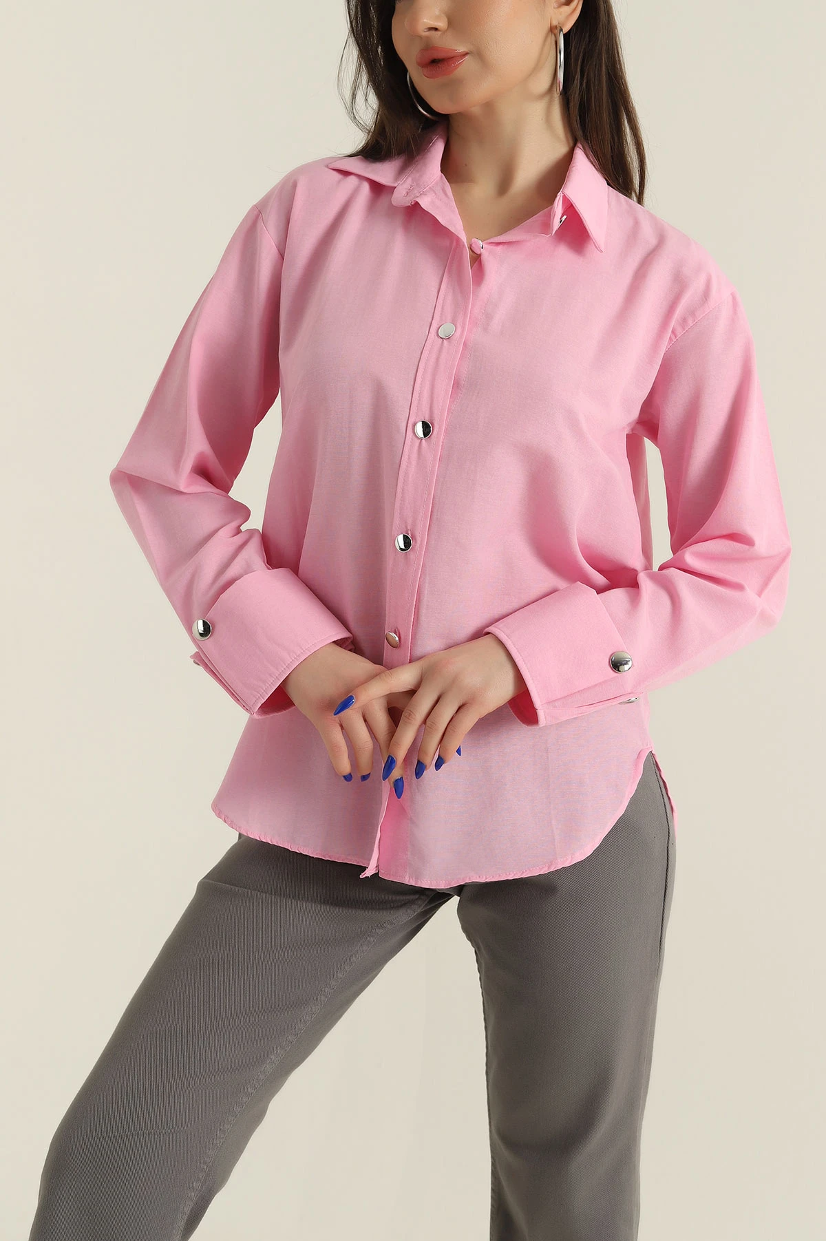 Pembe Poplin Kumaş Kadın Gömlek 427905