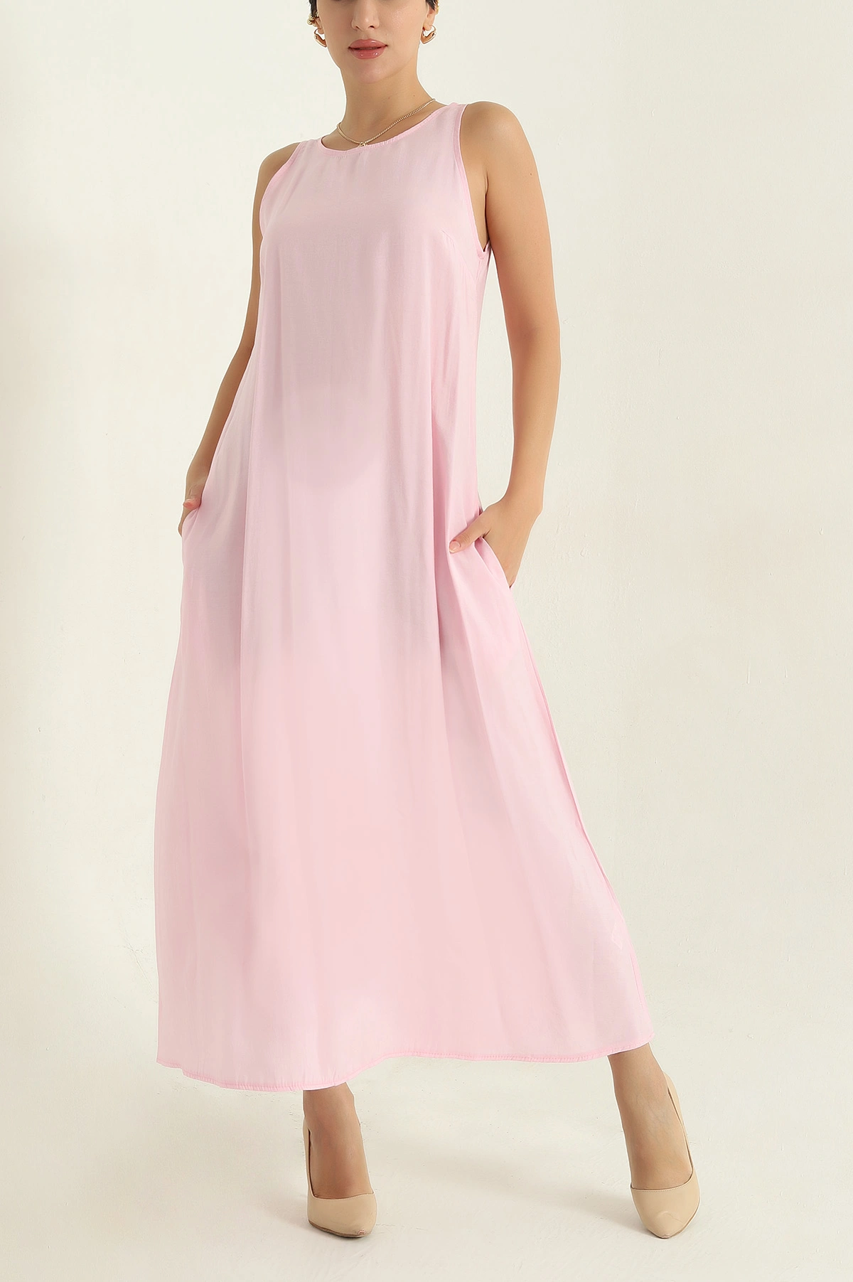 Pembe Poplin Kumaş Kolsuz Kadın Elbise 369835
