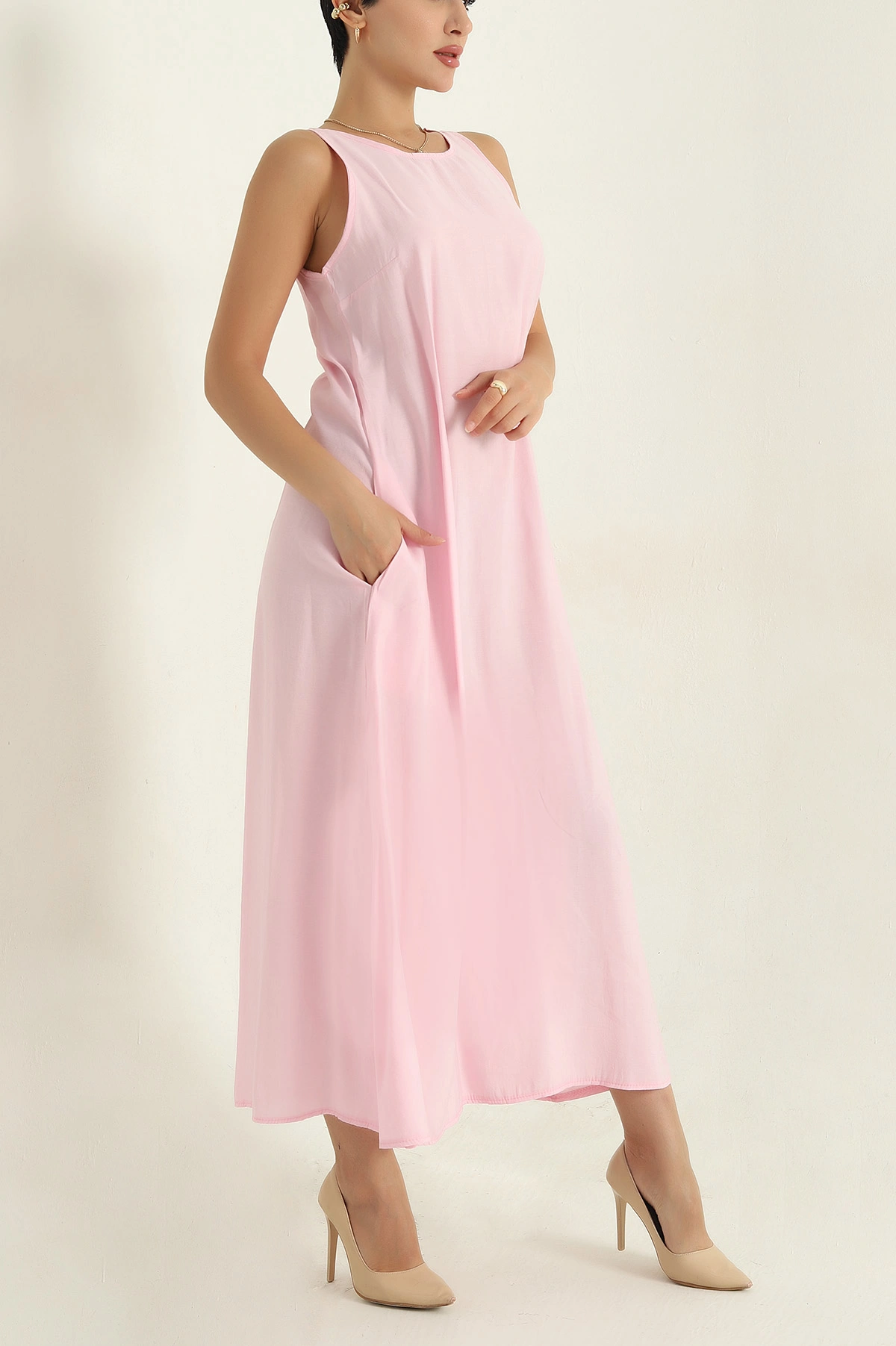 Pembe Poplin Kumaş Kolsuz Kadın Elbise 369835