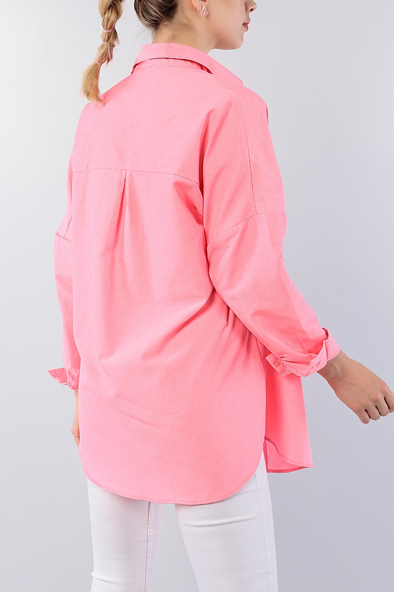 Pembe Poplin Kumaş Salaş Bayan Gömlek 75421