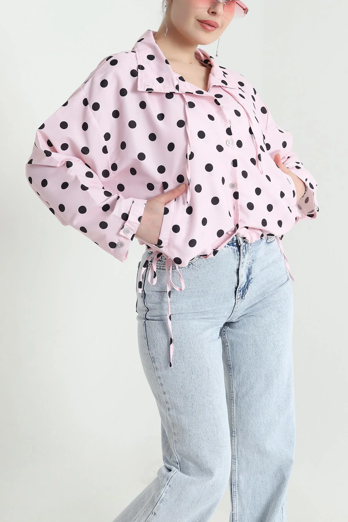 Pembe Puantiyeli Cepli Poplin Kadın İnce Ceket 456991