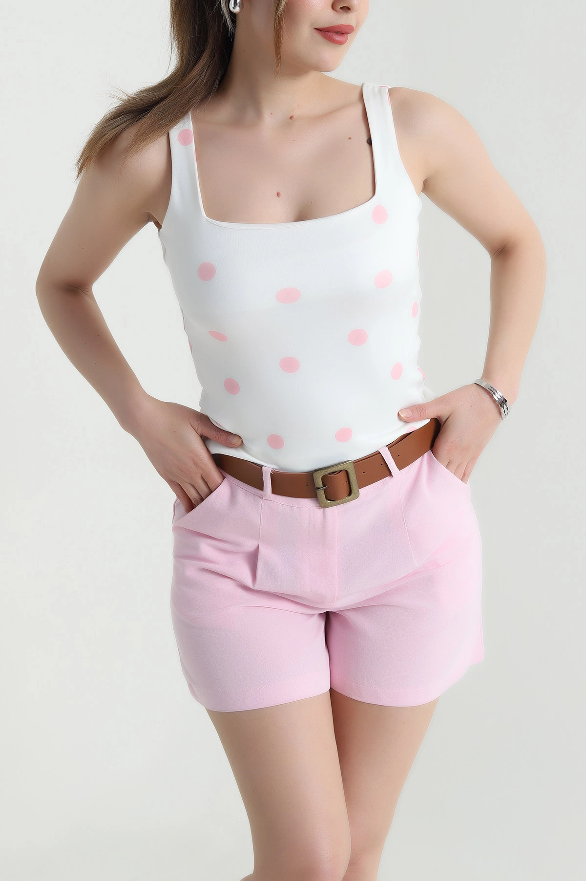 Pembe Puantiyeli Kolsuz Scuba Bluz 466153