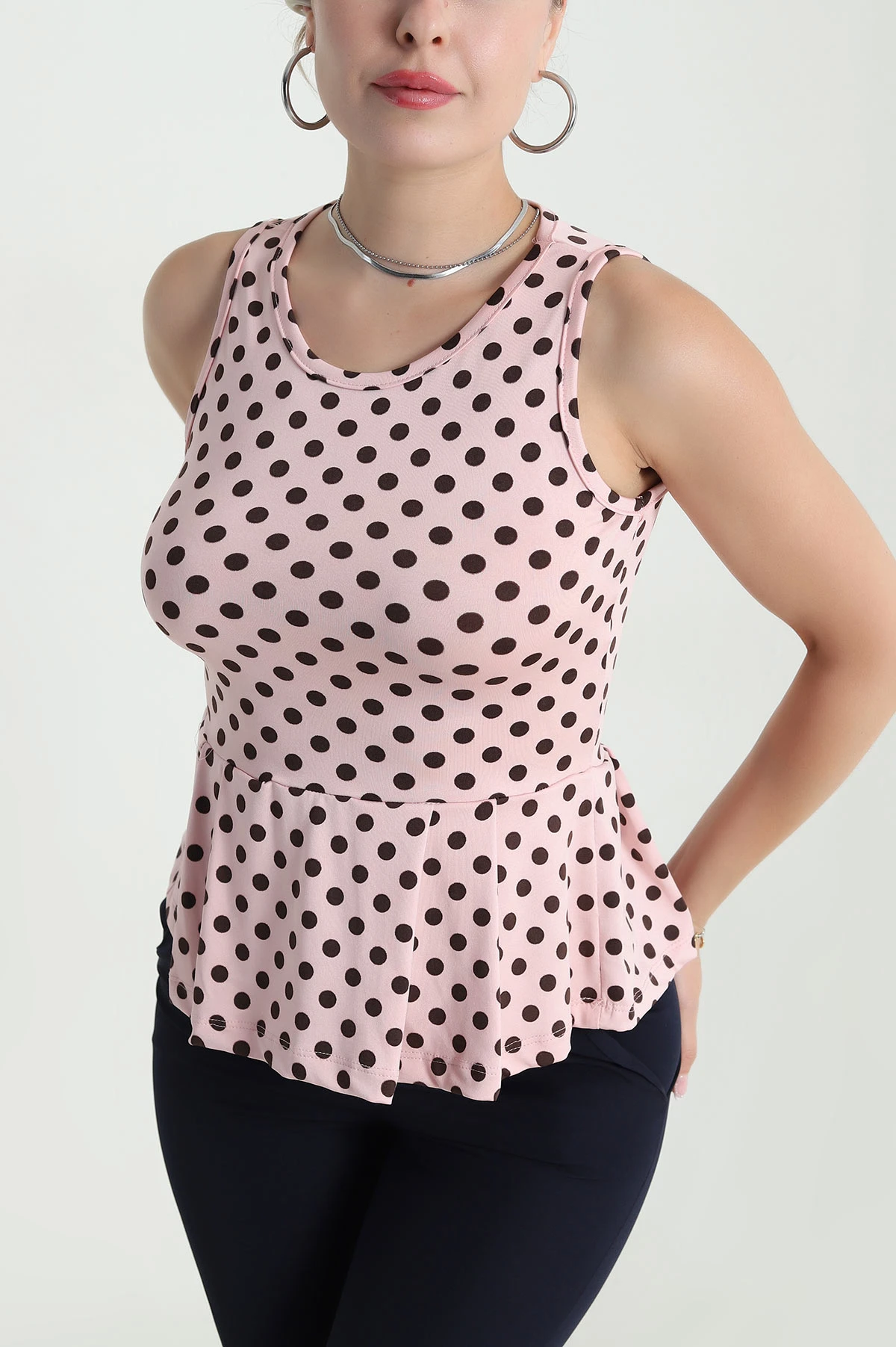 Pembe Puantiyeli Likralı Kadın Bluz 477891