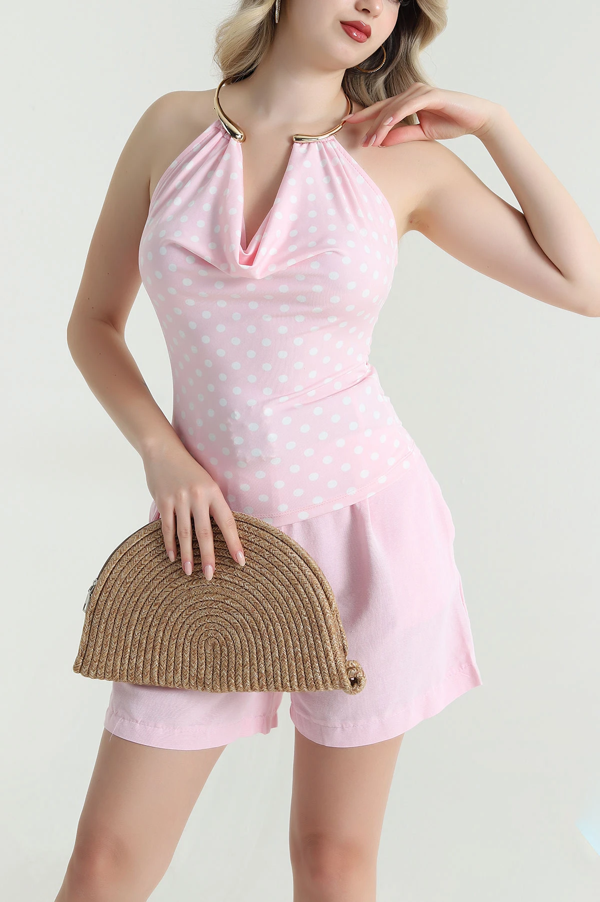 Pembe Puantiyeli Scuba Kadın Bluz 465900