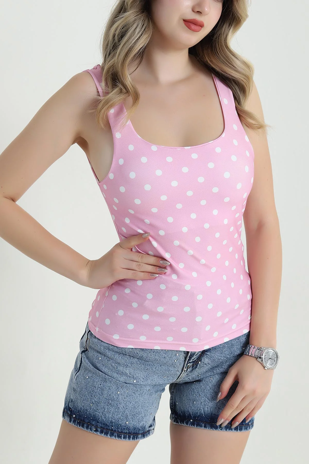 Pembe Puantiyeli Scuba Kadın Bluz 470659
