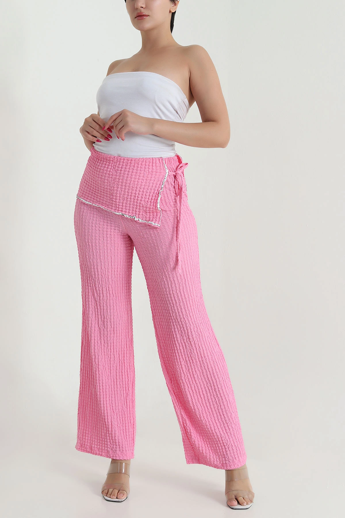 Pembe Pul Nakışlı Gofre Kadın Pantolon 472991