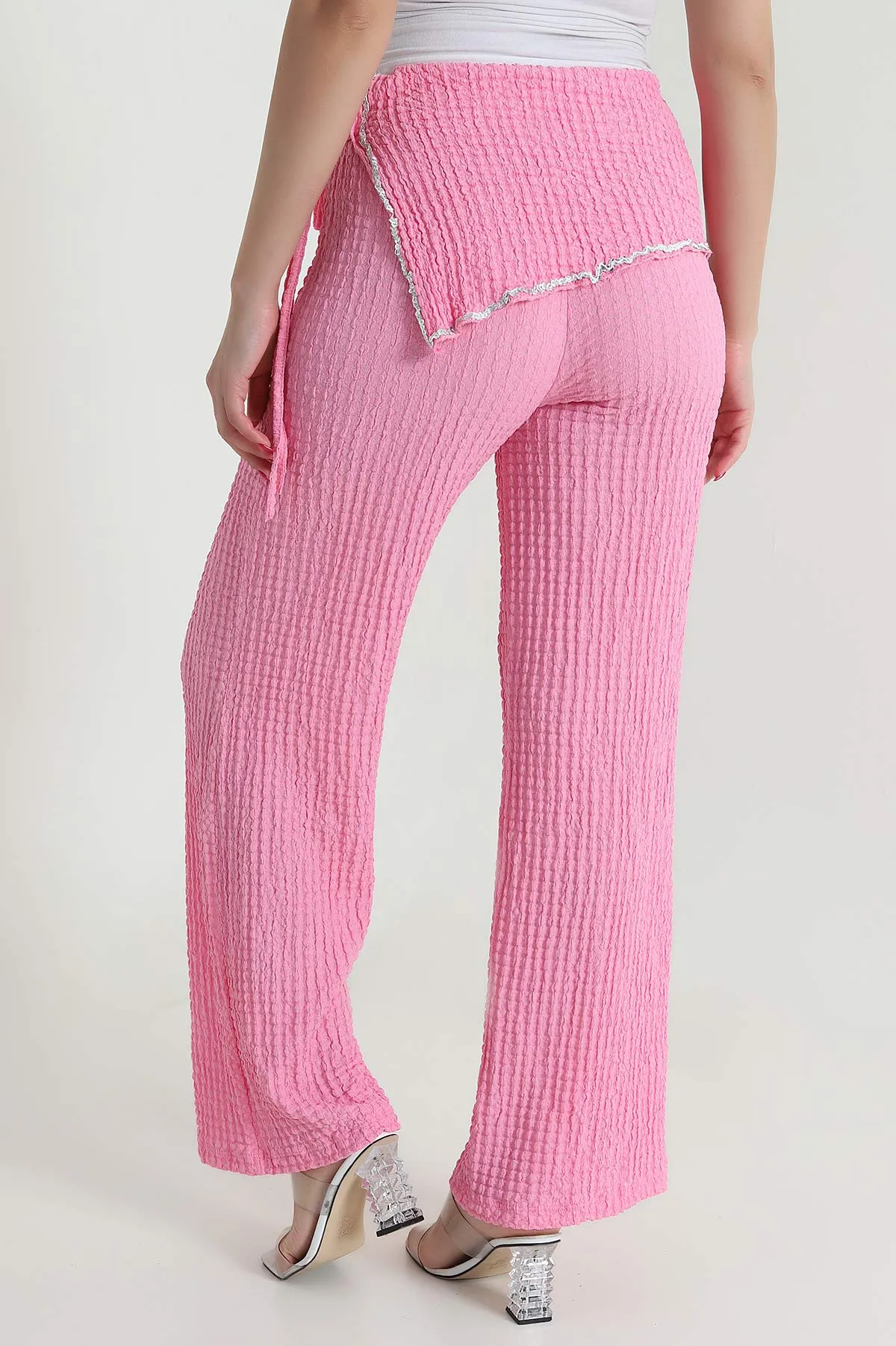 Pembe Pul Nakışlı Gofre Kadın Pantolon 472991