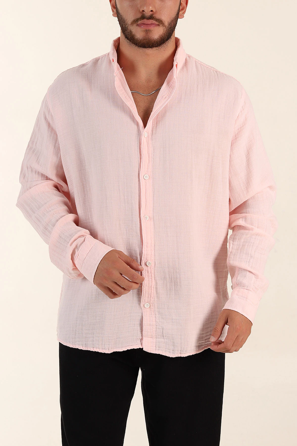 Pembe Relaxed Fit Müslin Keten Ata Yaka Erkek Gömlek 386195