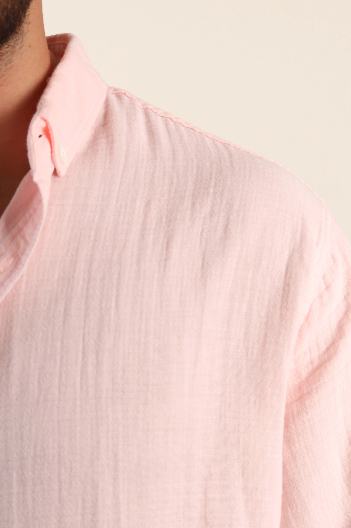 Pembe Relaxed Fit Müslin Keten Ata Yaka Erkek Gömlek 386195