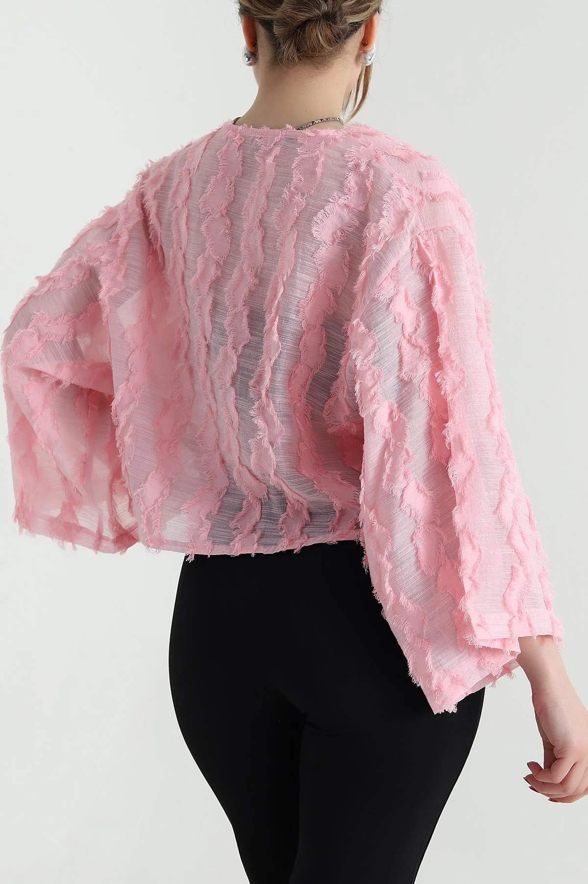 Pembe Saçaklı Kimono Kadın Bluz 467012