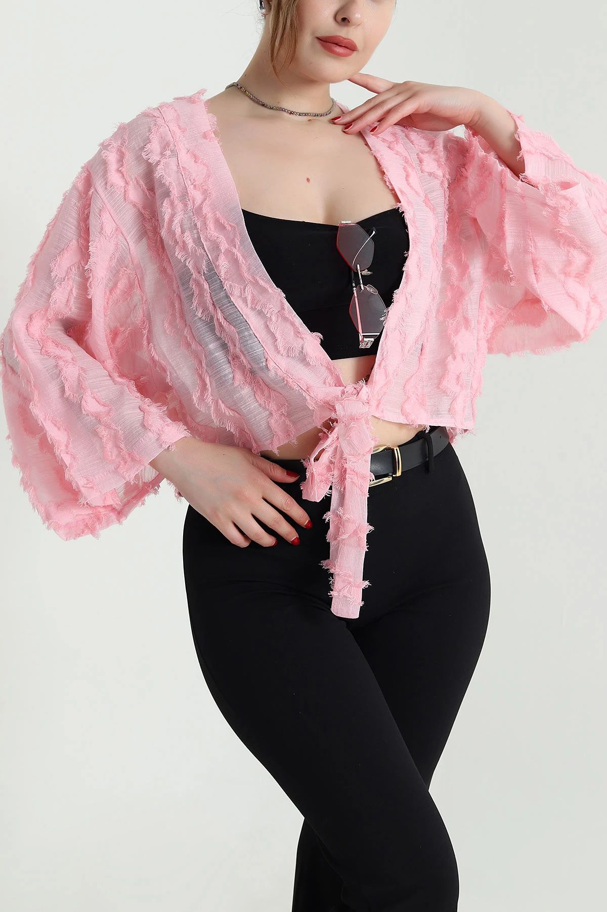 Pembe Saçaklı Kimono Kadın Bluz 467012