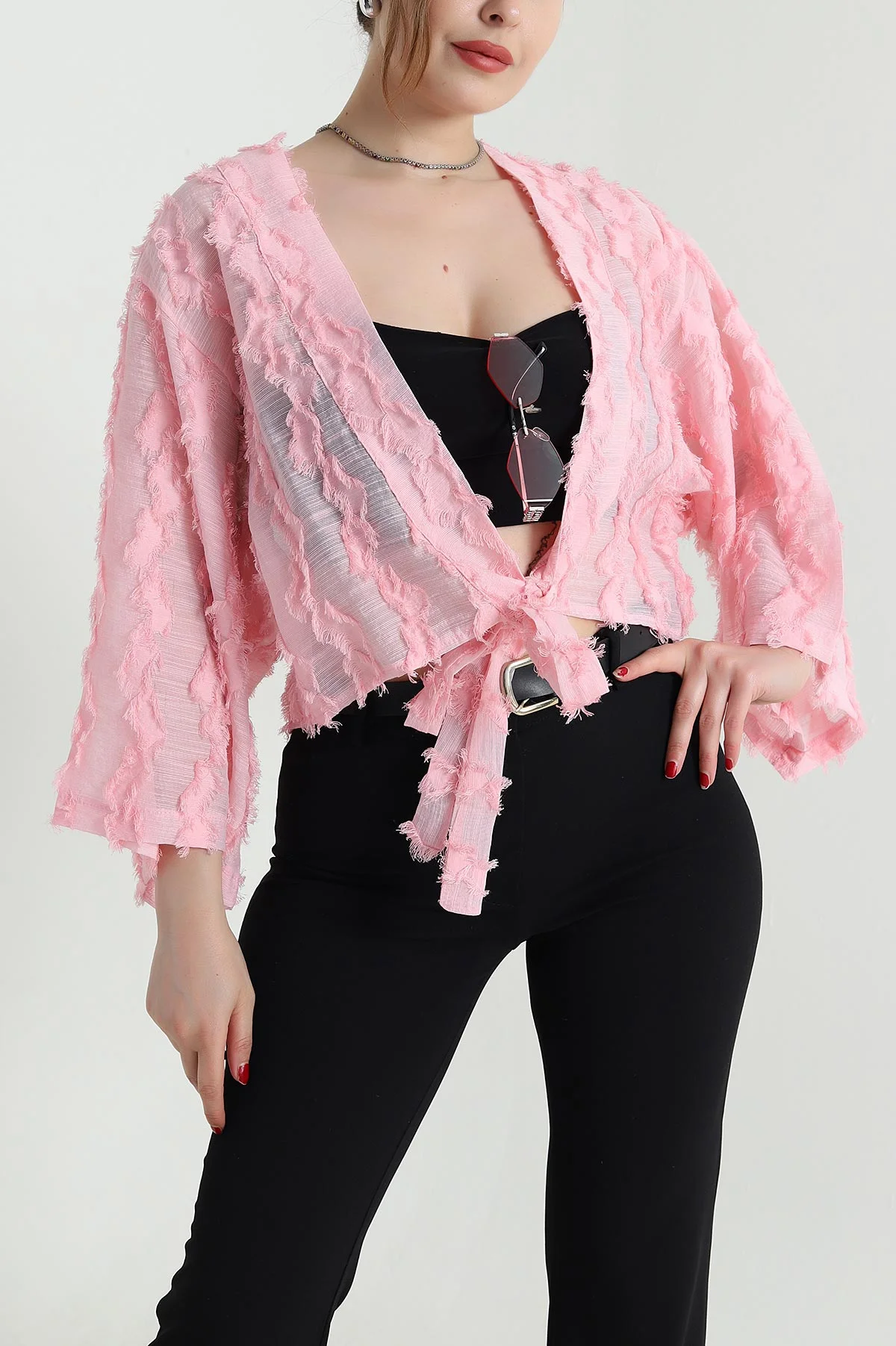 Pembe Saçaklı Kimono Kadın Bluz 467012